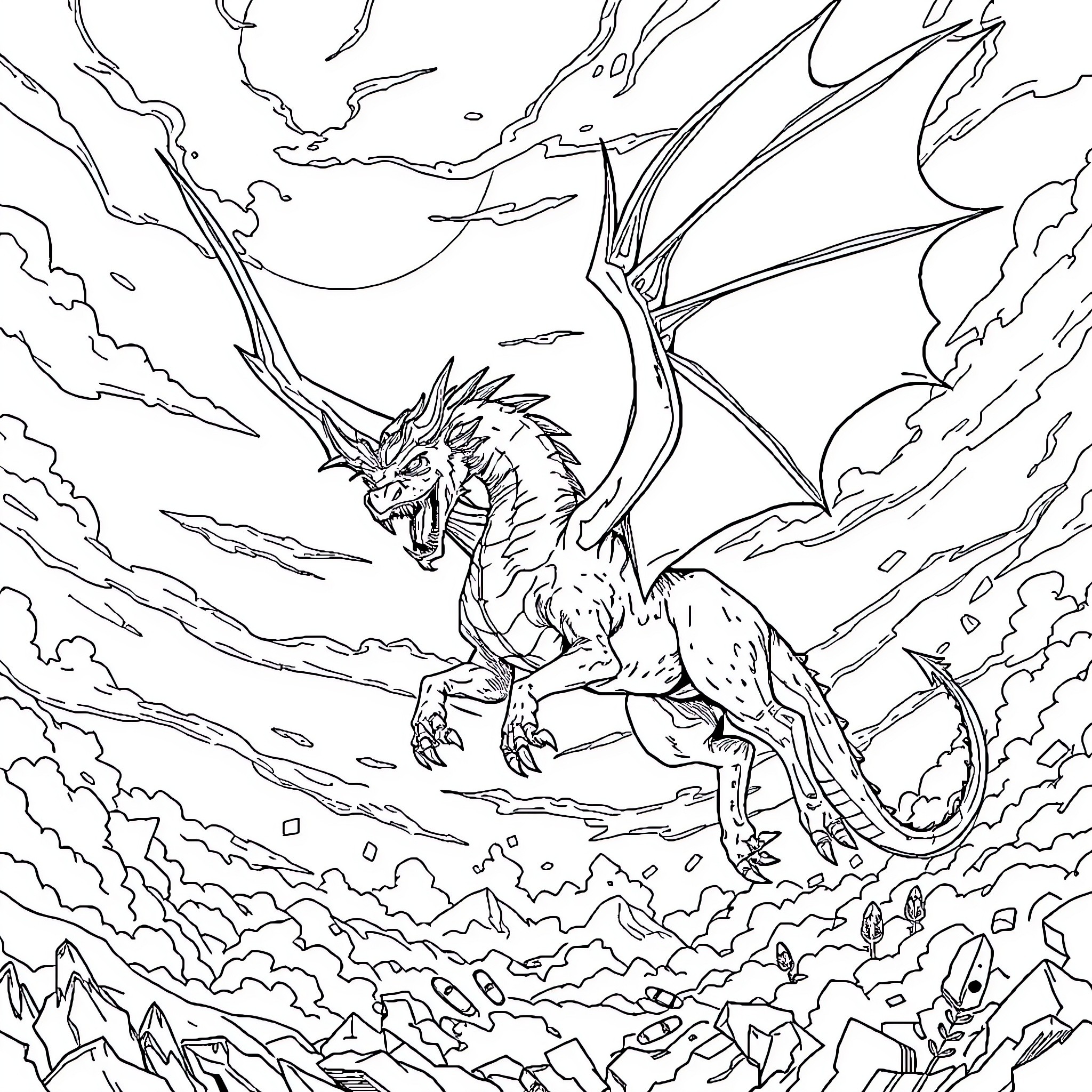 Pegaso soaring through the turbulent skies Coloring Page (free black-and-white line drawing printable PDF for all, from beginners to advanced learners, including children, teens, adults, and seniors)