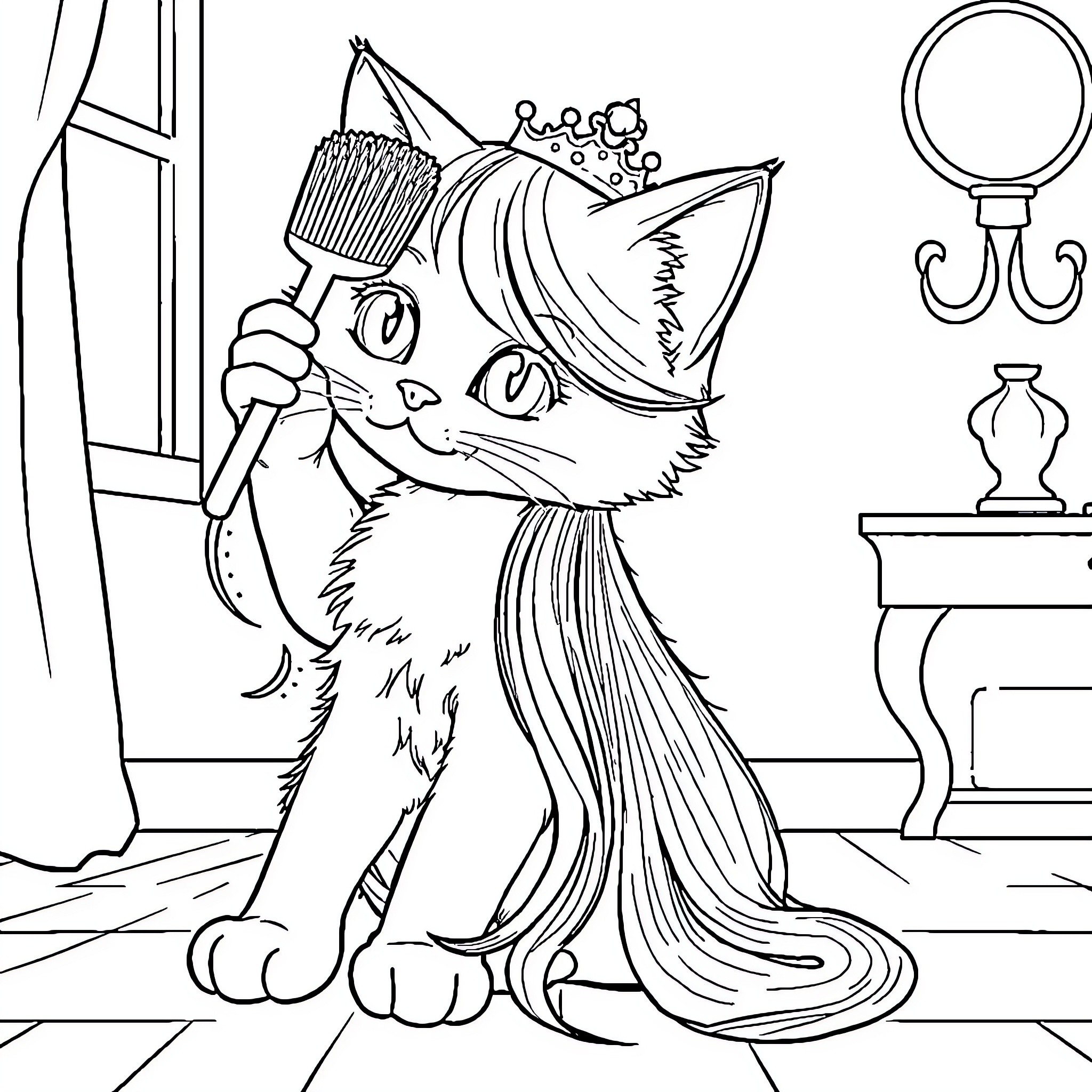 Kitten trying on princess crown in front of mirror Coloring Page (free black-and-white line drawing printable PDF for all, from beginners to advanced learners, including children, teens, adults, and seniors)
