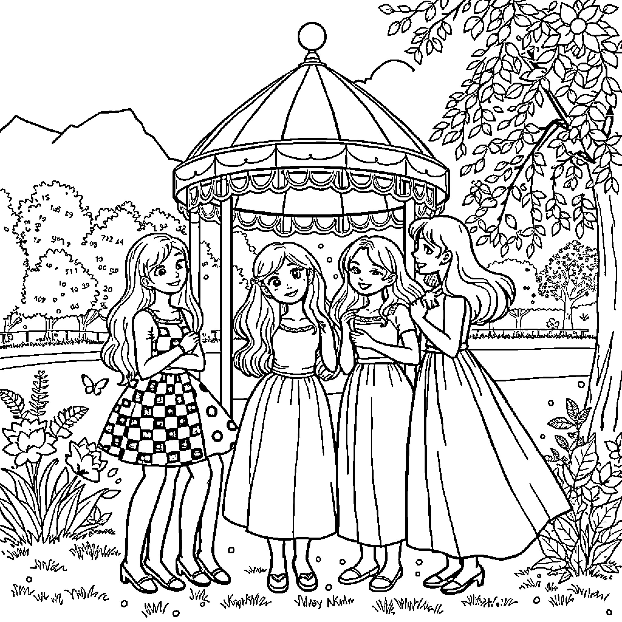 Friends enjoying a day in the park Coloring Page (free black-and-white line drawing printable PDF for all, from beginners to advanced learners, including children, teens, adults, and seniors)