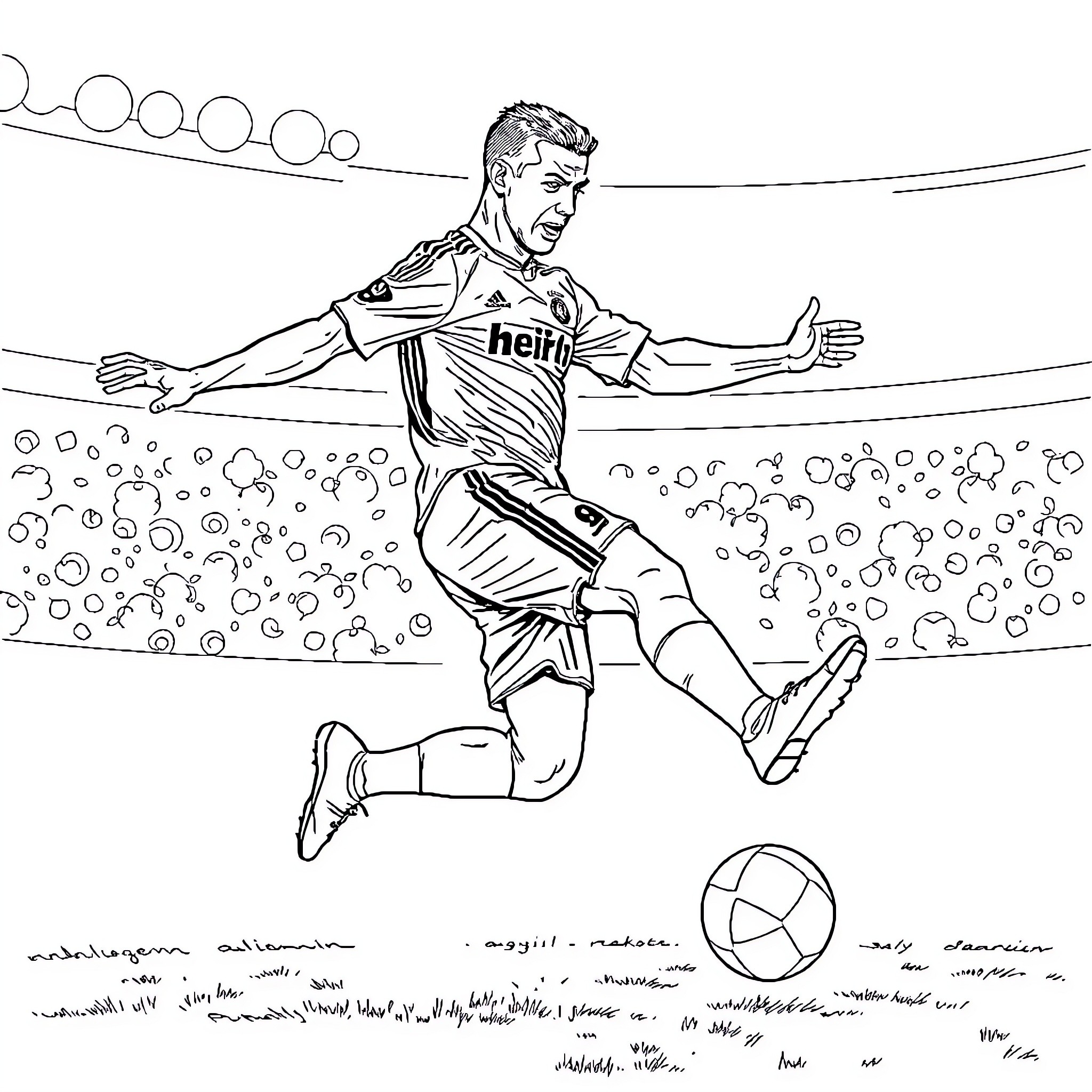 Ronaldo celebrating goal on soccer field Coloring Page (free black-and-white line drawing printable PDF for all, from beginners to advanced learners, including children, teens, adults, and seniors)