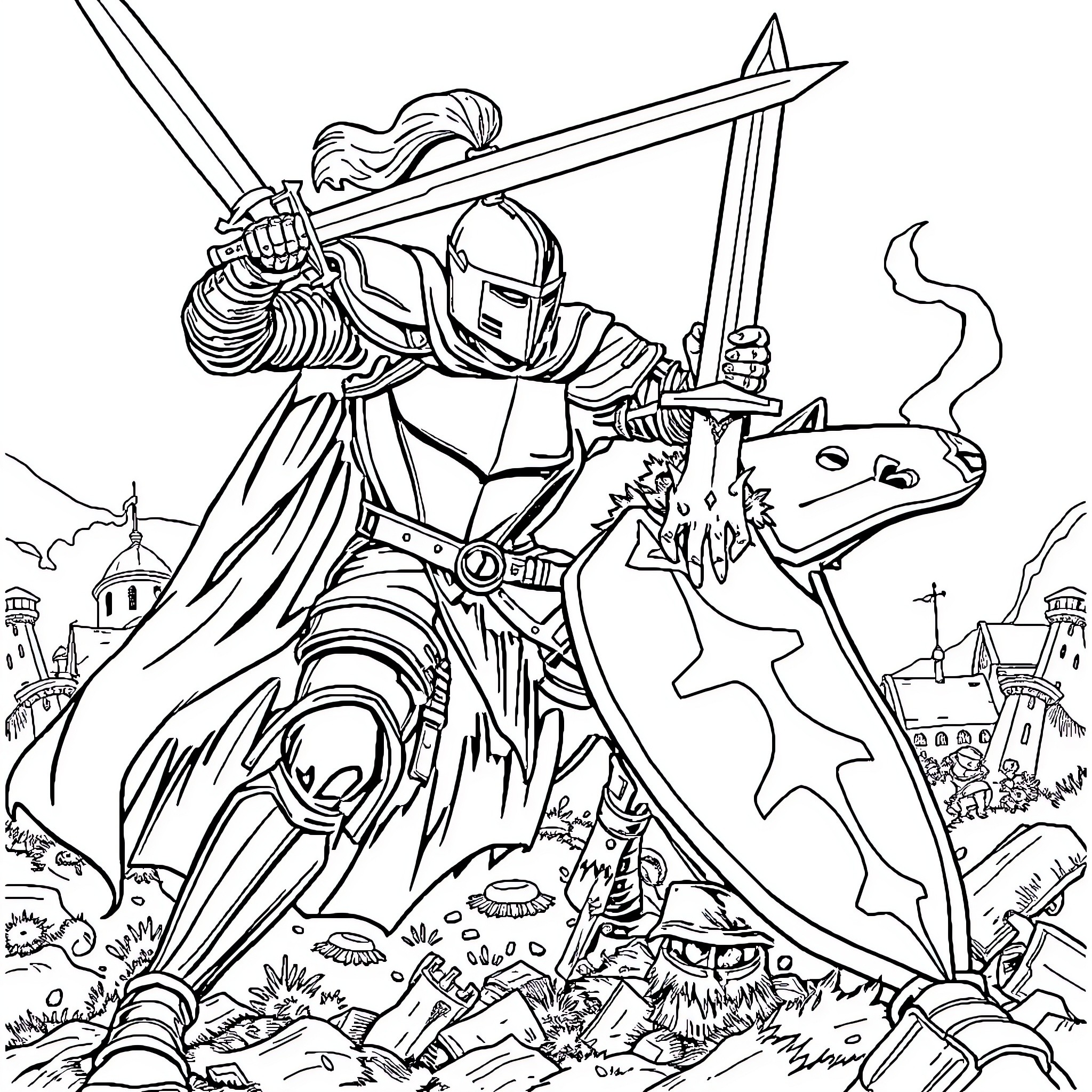 Knight in Battle on a Fantastical Landscape Coloring Page (free black-and-white line drawing printable PDF for all, from beginners to advanced learners, including children, teens, adults, and seniors)