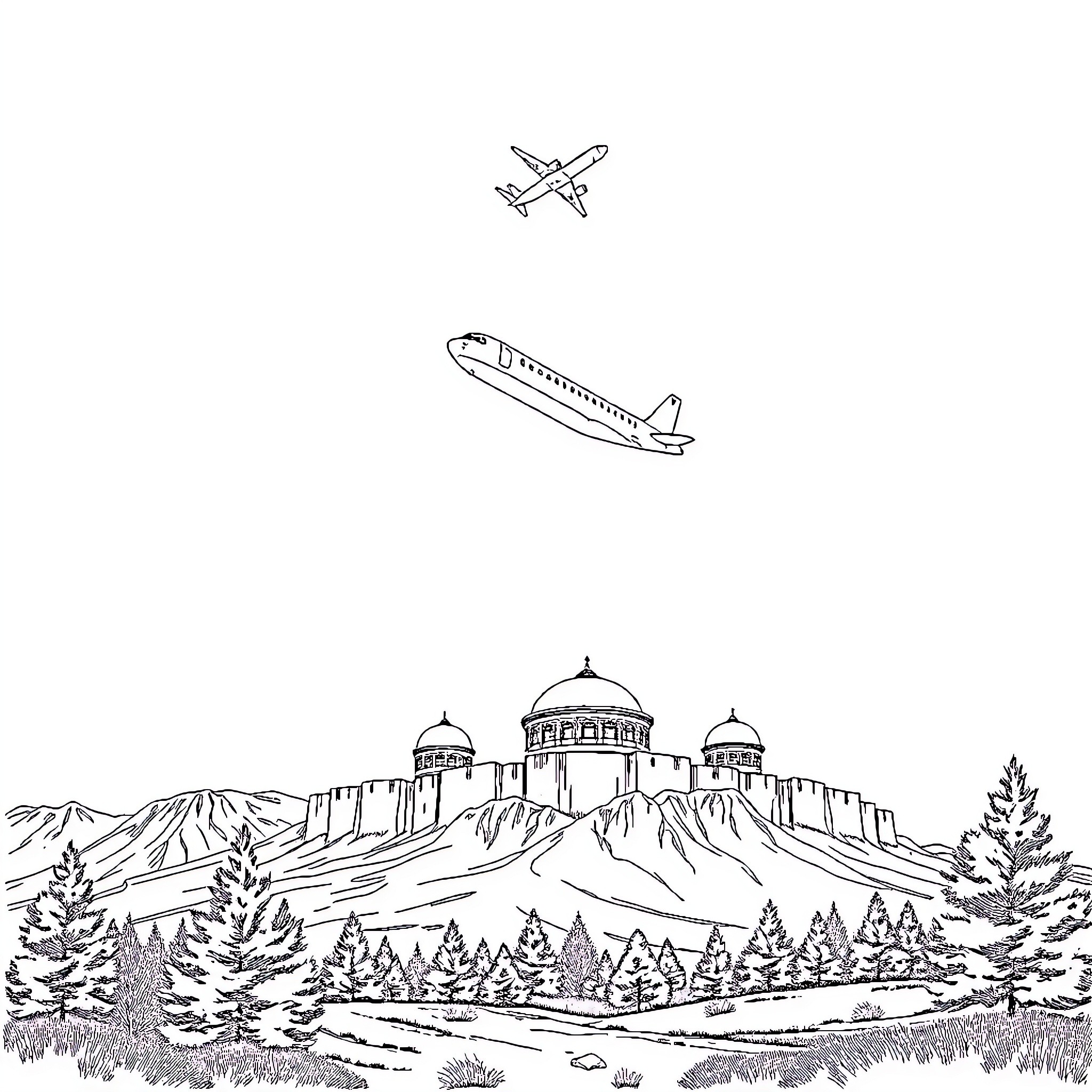 Airplane flying over scenic mountain landscape Coloring Page (free black-and-white line drawing printable PDF for all, from beginners to advanced learners, including children, teens, adults, and seniors)