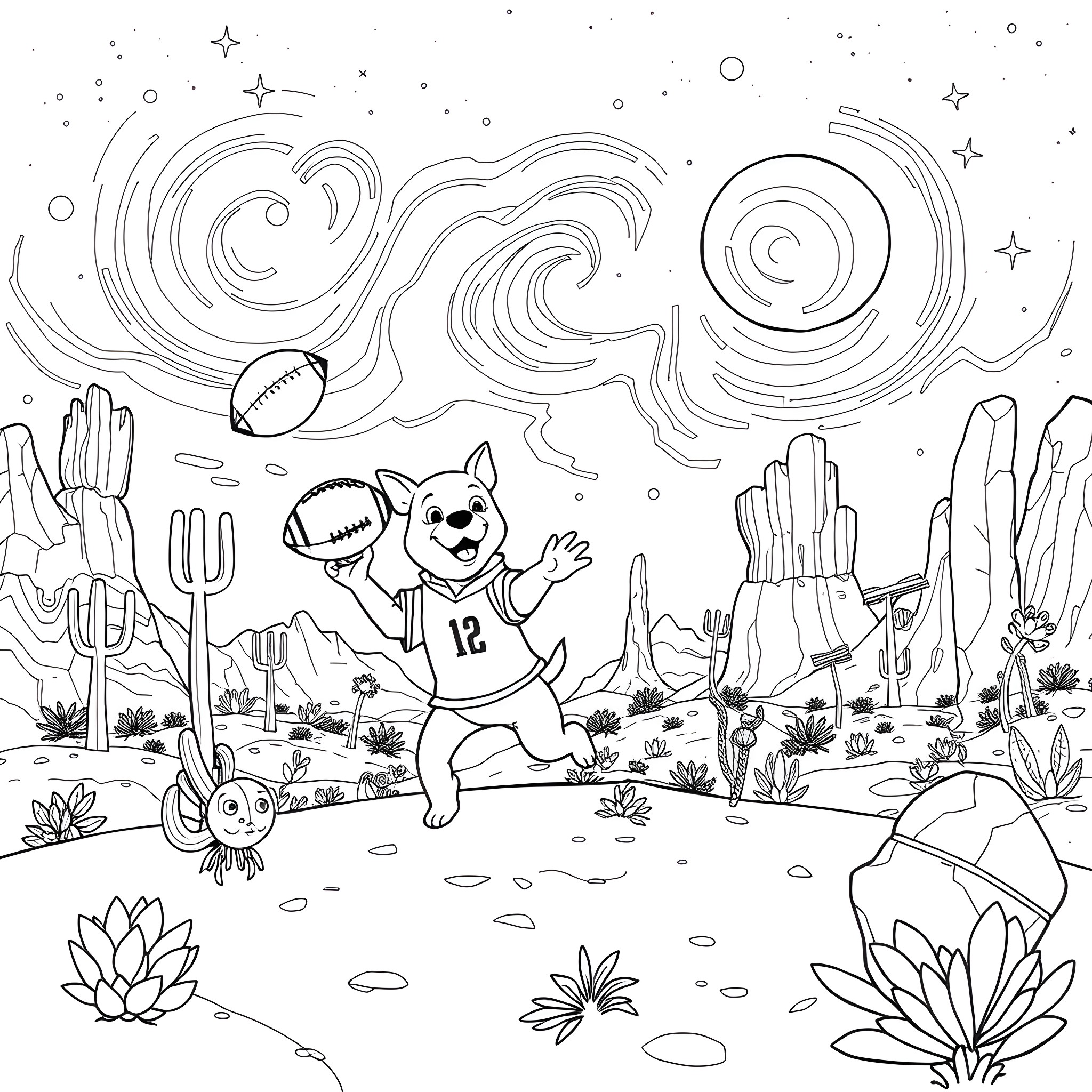 Dog playing American football in the desert landscape Coloring Page (free black-and-white line drawing printable PDF for all, from beginners to advanced learners, including children, teens, adults, and seniors)