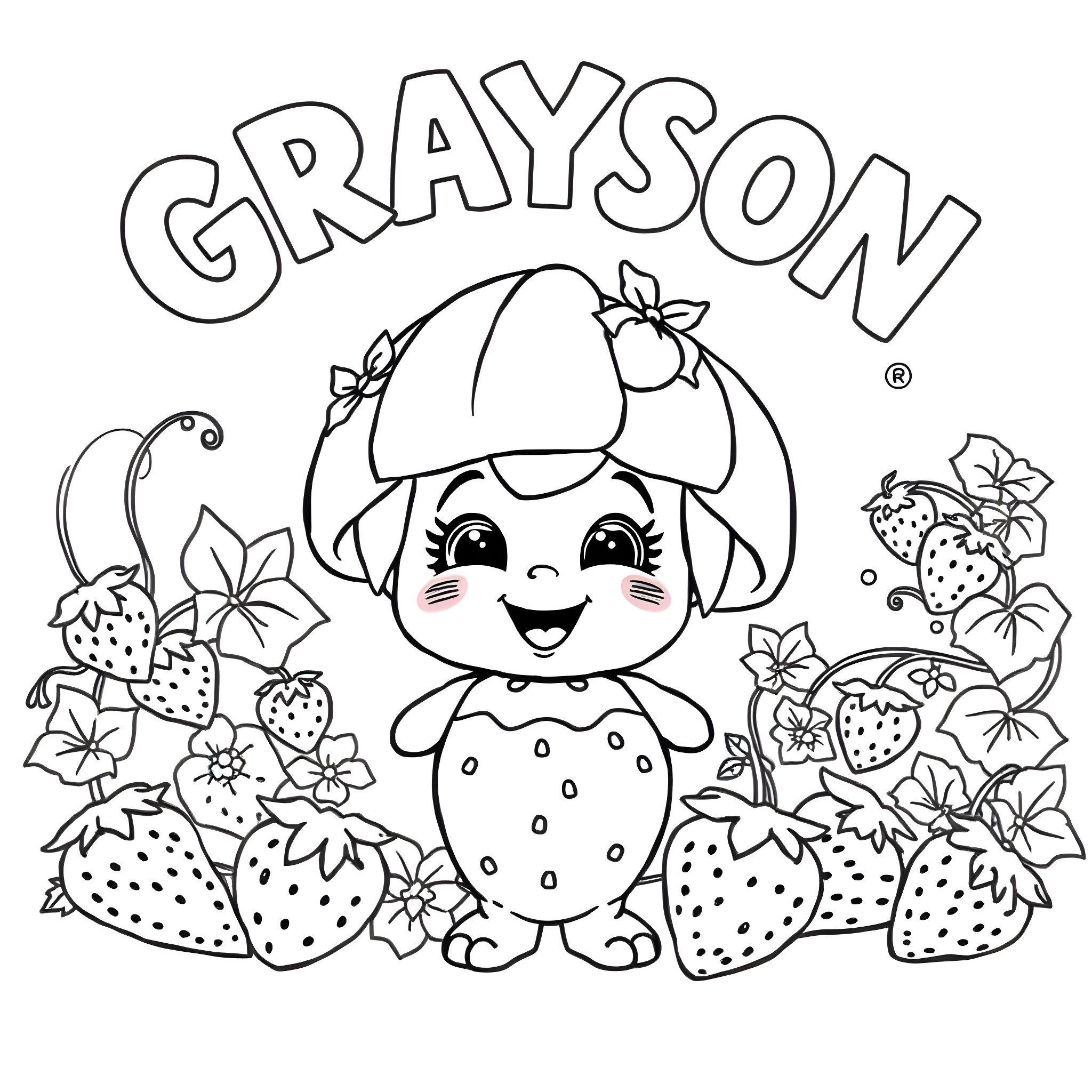 Strawberry Shortcake in a Strawberry Patch Coloring Page (free black-and-white line drawing printable PDF for all, from beginners to advanced learners, including children, teens, adults, and seniors)