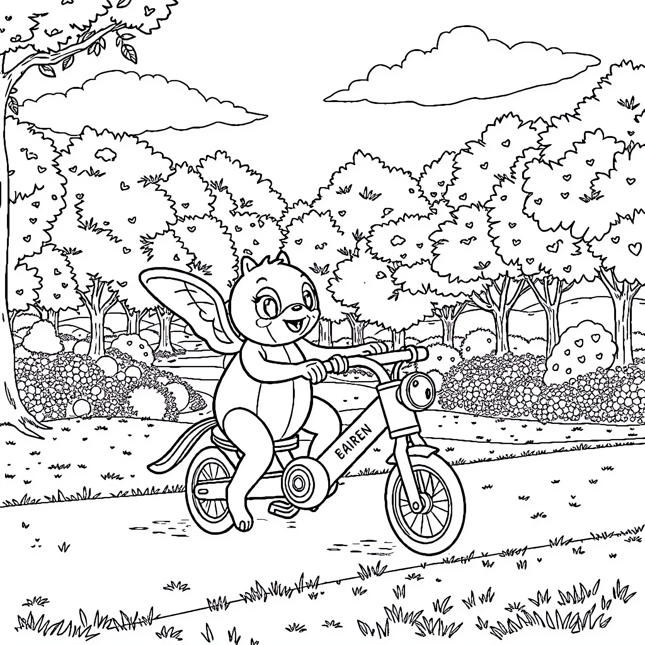 Pat Patrouille characters on a bike ride through nature Coloring Page (free black-and-white line drawing printable PDF for all, from beginners to advanced learners, including children, teens, adults, and seniors)