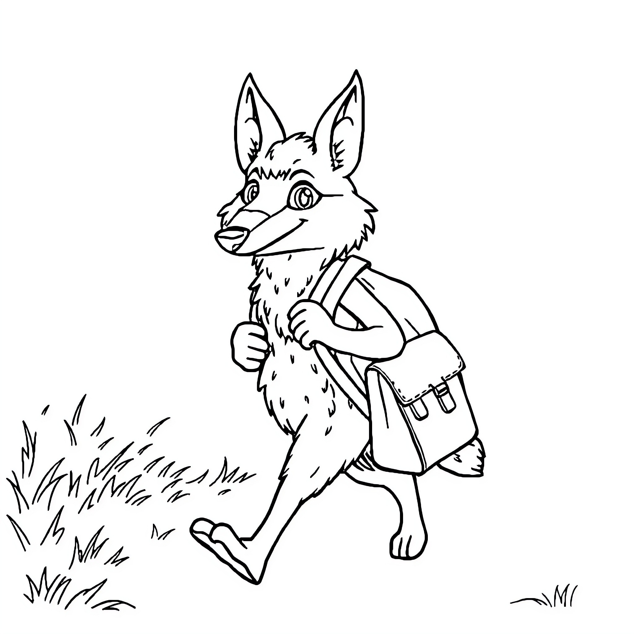 Loup trekking with backpack through nature Coloring Page (free black-and-white line drawing printable PDF for all, from beginners to advanced learners, including children, teens, adults, and seniors)