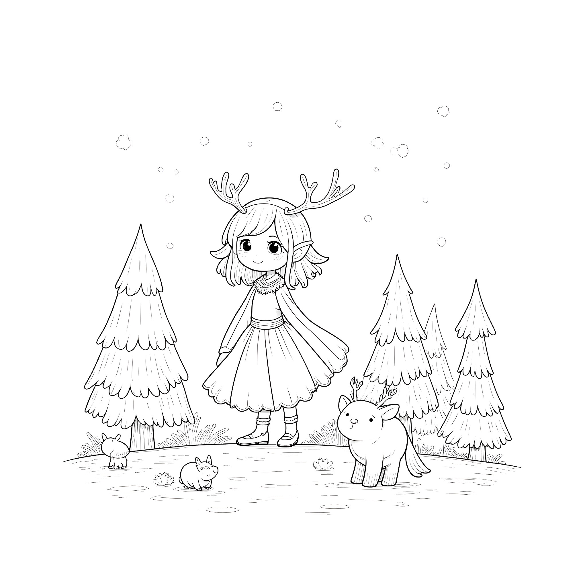 Elven Girl exploring the enchanted forest with woodland creatures Coloring Page (free black-and-white line drawing printable PDF for all, from beginners to advanced learners, including children, teens, adults, and seniors)