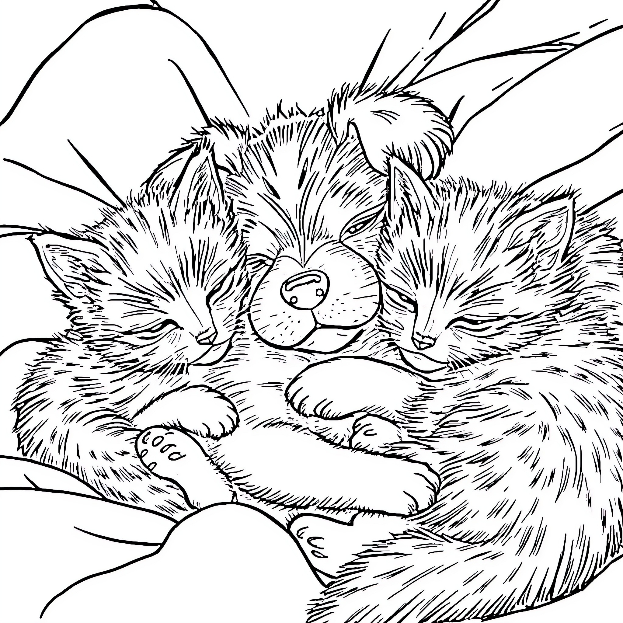 Kittens sleeping peacefully in the grass Coloring Page (free black-and-white line drawing printable PDF for all, from beginners to advanced learners, including children, teens, adults, and seniors)