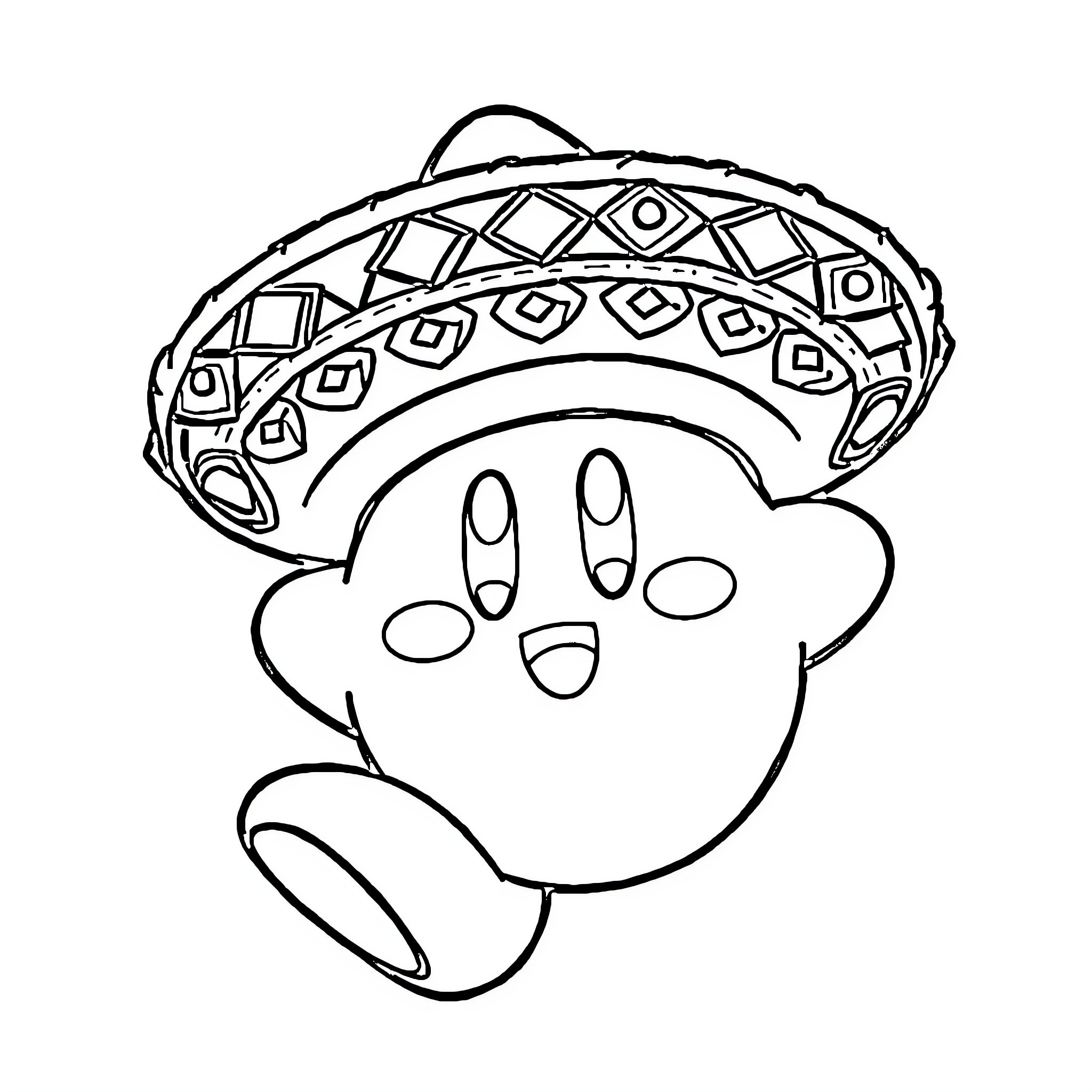 Kirby wearing a patterned hat Coloring Page (free black-and-white line drawing printable PDF for all, from beginners to advanced learners, including children, teens, adults, and seniors)