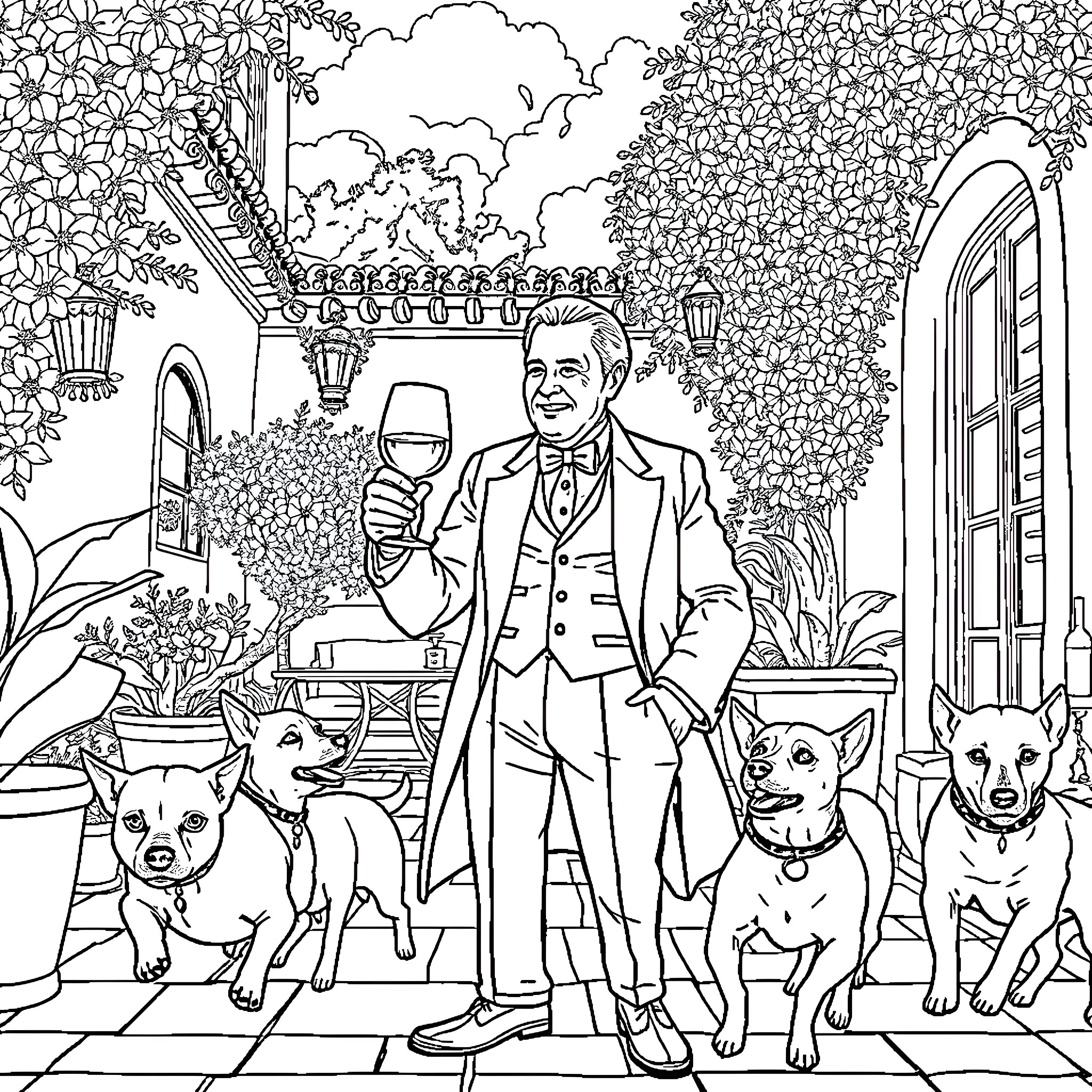 Oxbridge Dom enjoys drinks with his canine companions Coloring Page (free black-and-white line drawing printable PDF for all, from beginners to advanced learners, including children, teens, adults, and seniors)