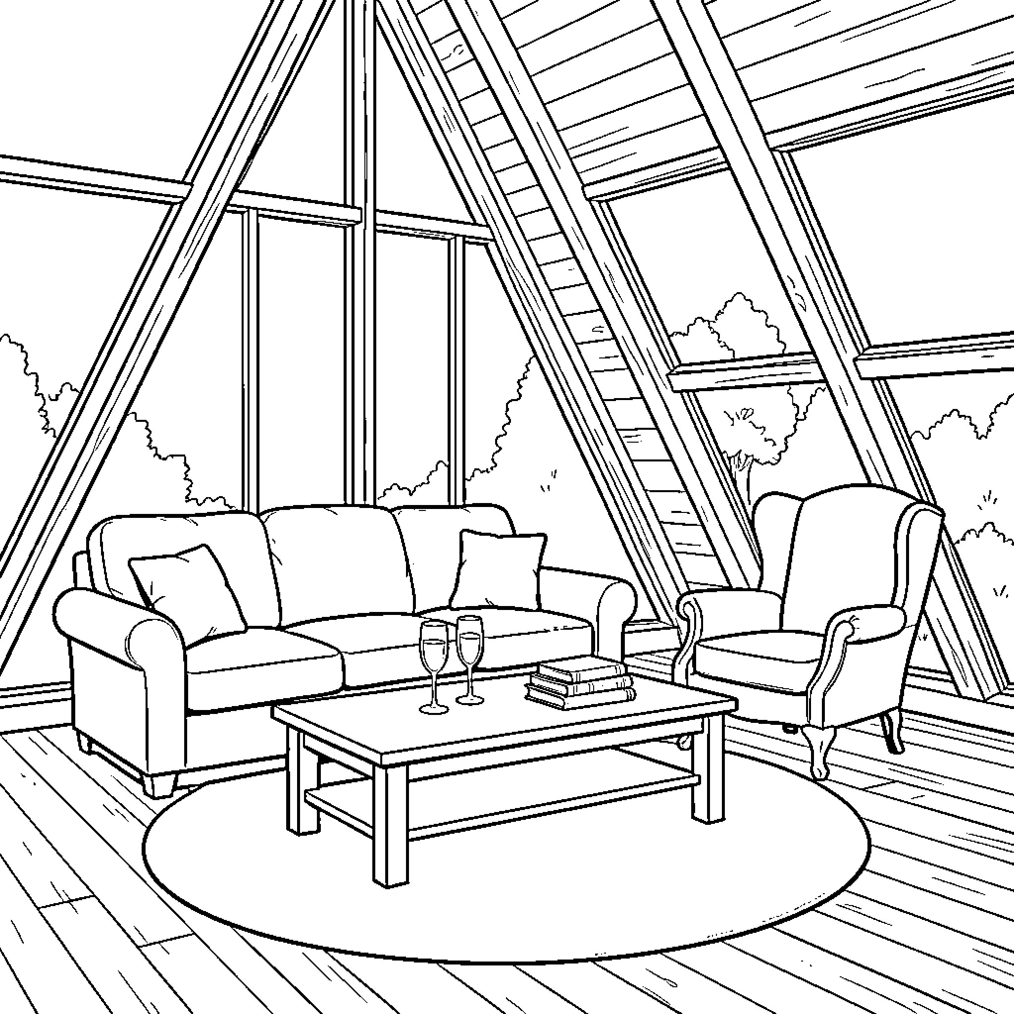 Cabin interior with cozy furniture and scenic views Coloring Page (free black-and-white line drawing printable PDF for all, from beginners to advanced learners, including children, teens, adults, and seniors)