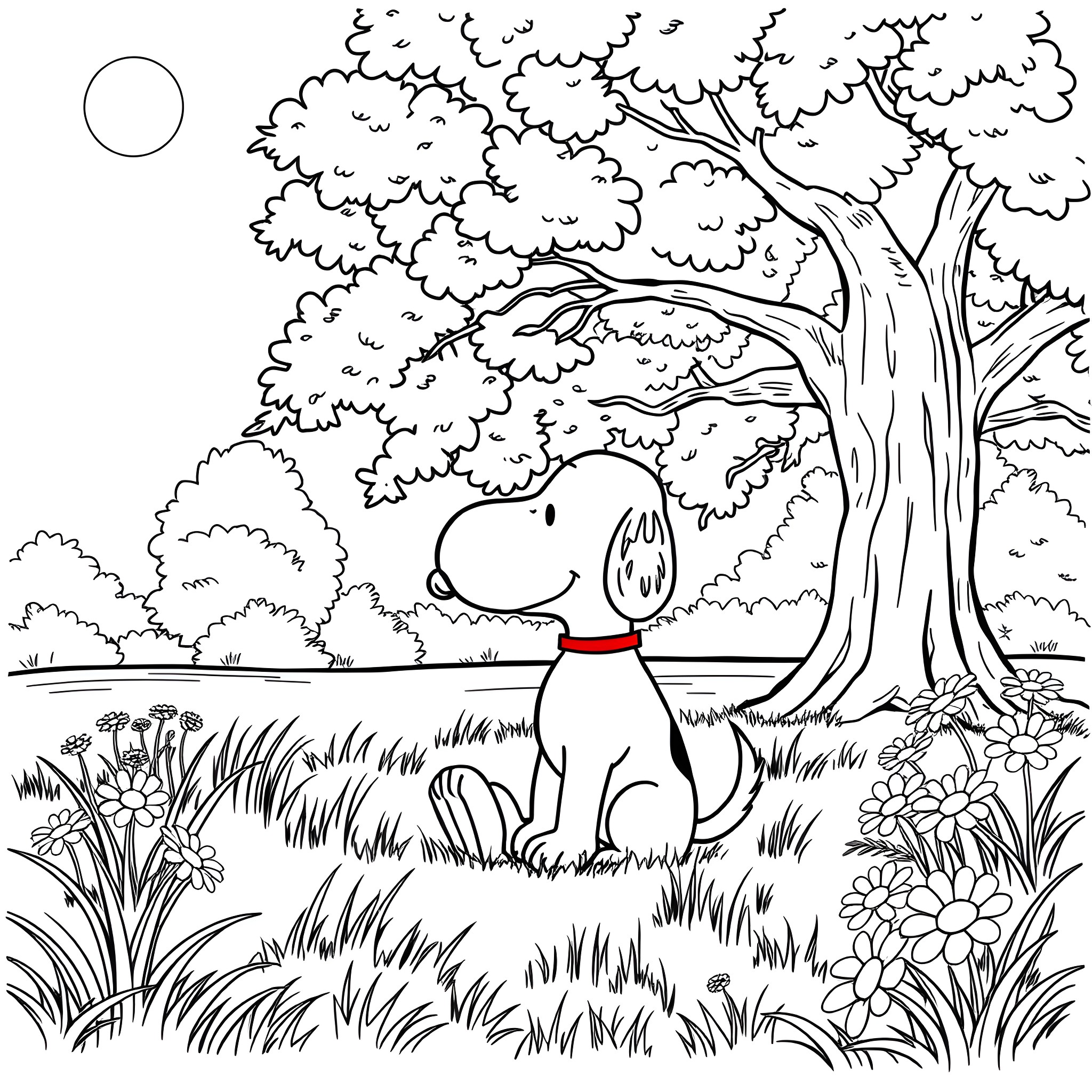 Peanuts character enjoying the outdoors Coloring Page (free black-and-white line drawing printable PDF for all, from beginners to advanced learners, including children, teens, adults, and seniors)