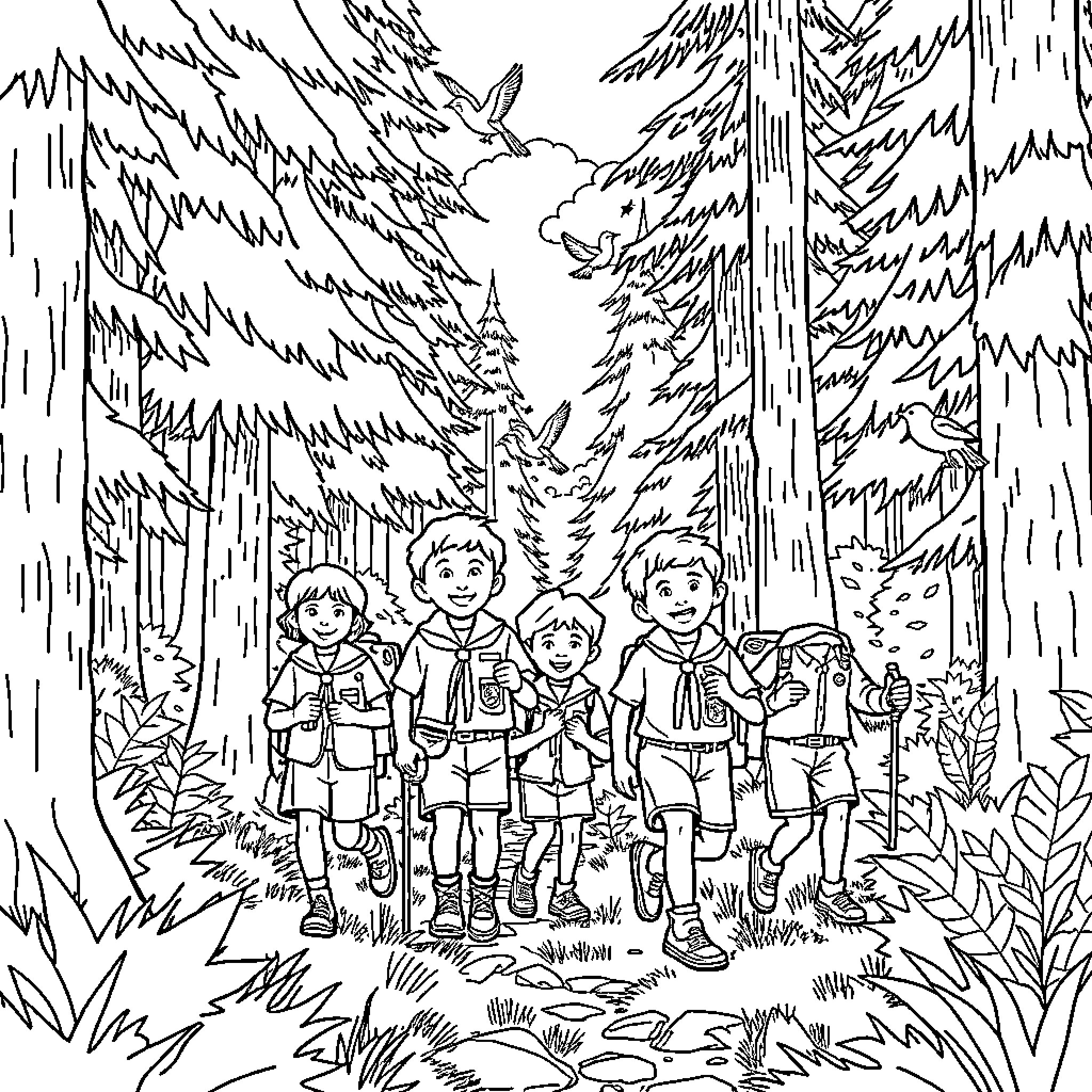 Cub Scouts exploring the forest trails Coloring Page (free black-and-white line drawing printable PDF for all, from beginners to advanced learners, including children, teens, adults, and seniors)