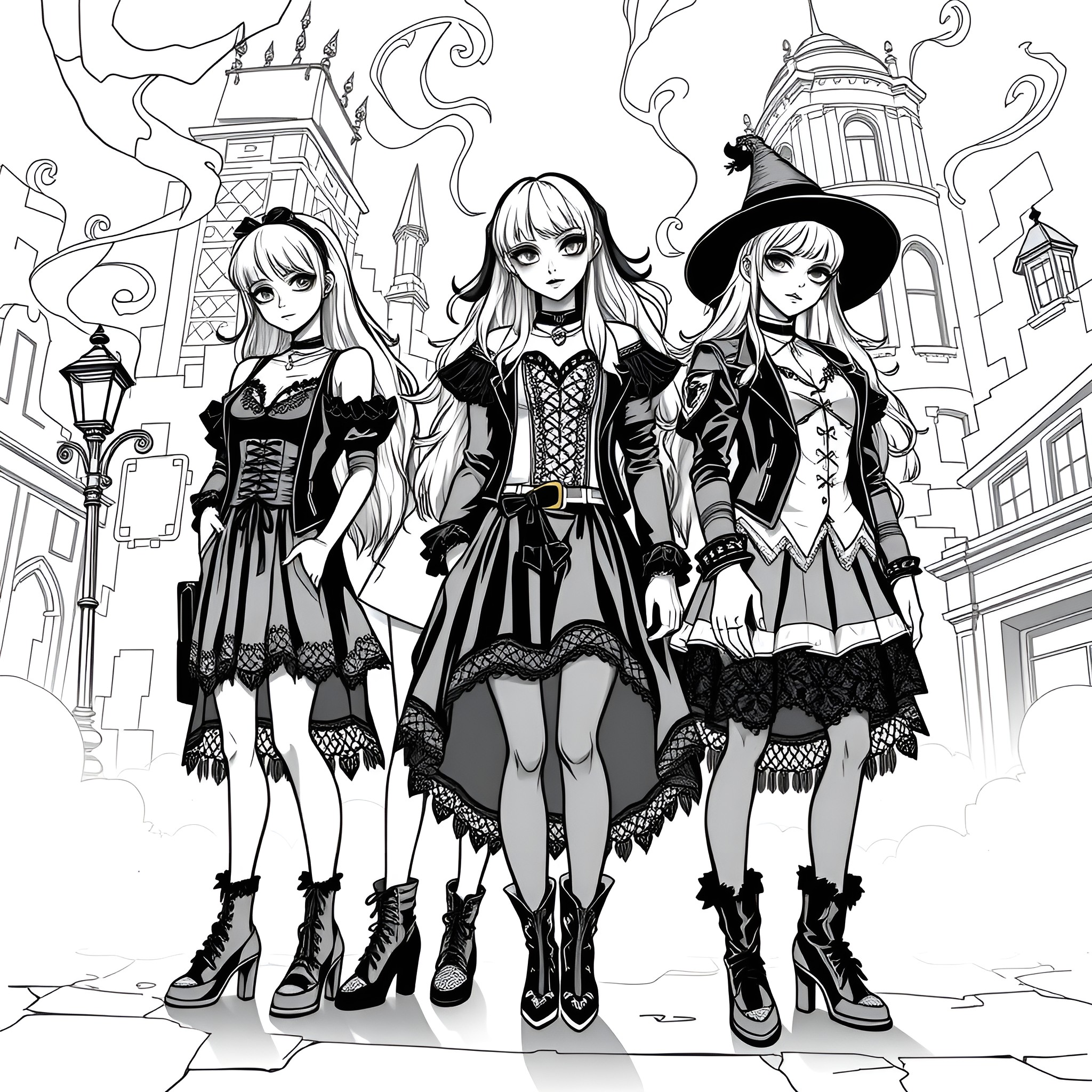 Goth Girls Explore Spooky Town in Stylish Outfits Coloring Page (free black-and-white line drawing printable PDF for all, from beginners to advanced learners, including children, teens, adults, and seniors)