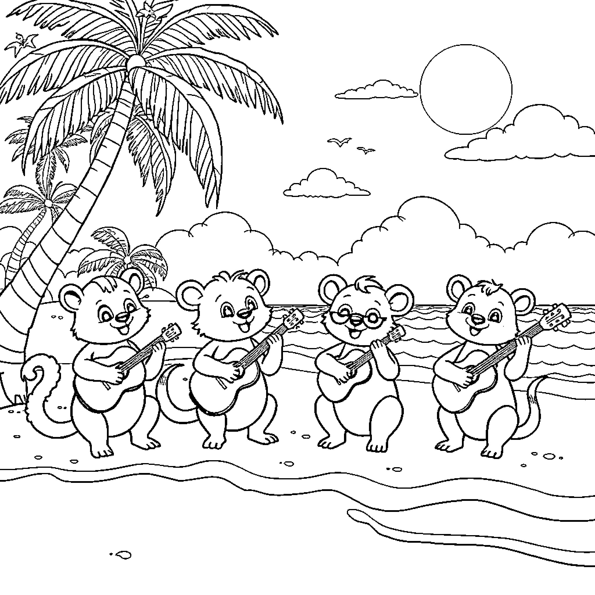 Animals playing musical instruments on the beach Coloring Page (free black-and-white line drawing printable PDF for all, from beginners to advanced learners, including children, teens, adults, and seniors)