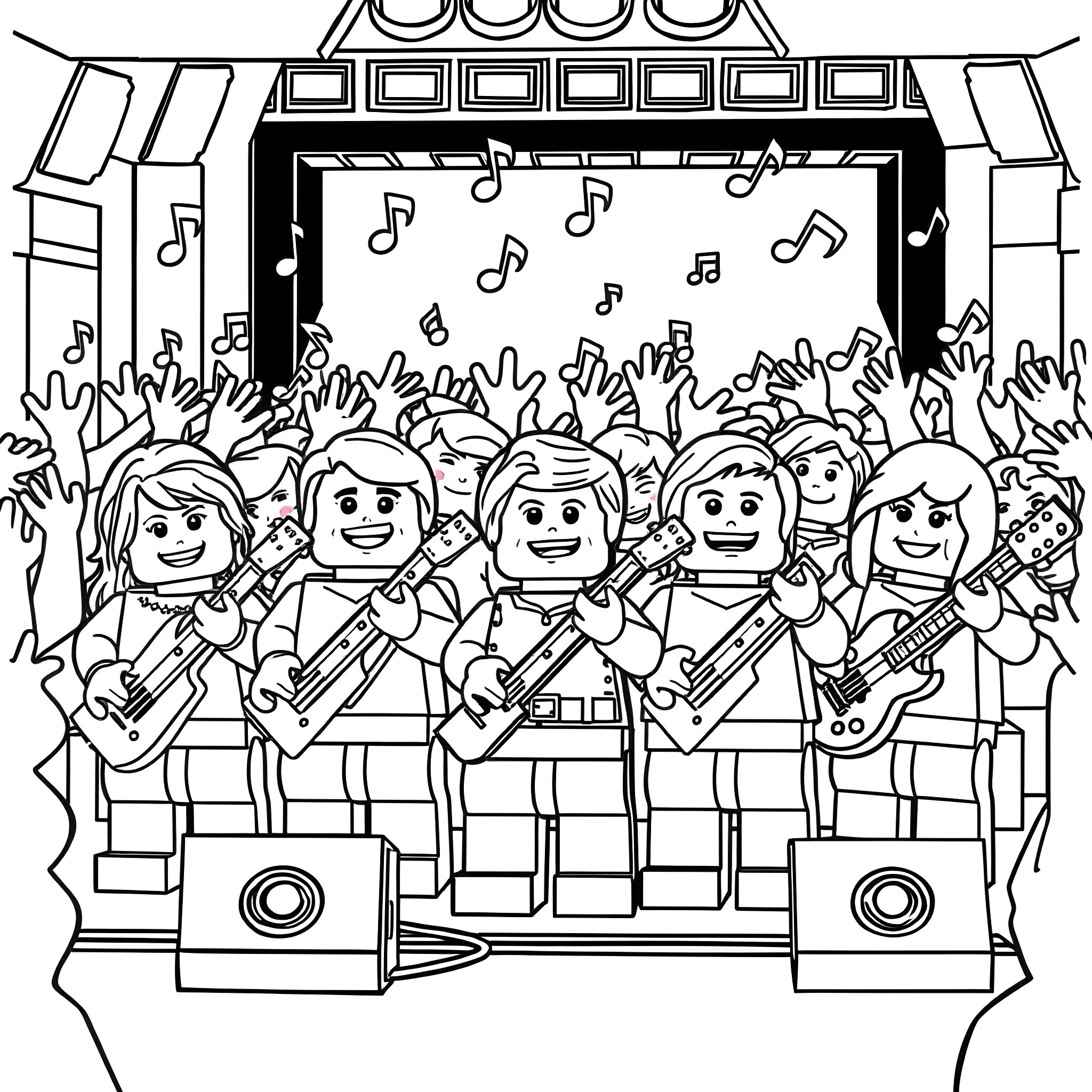Lego Mini-Figs performing on stage with musical instruments Coloring Page (free black-and-white line drawing printable PDF for all, from beginners to advanced learners, including children, teens, adults, and seniors)