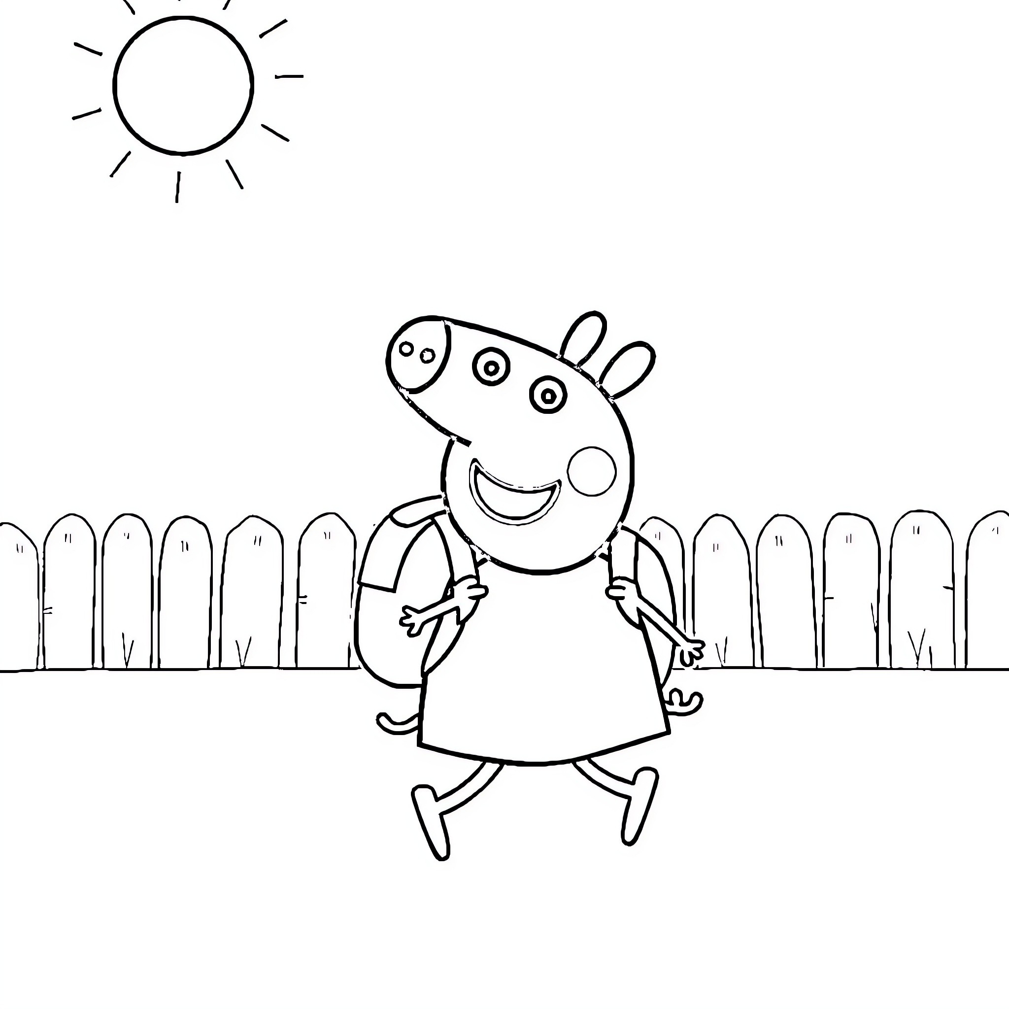 Peppa Pig enjoying the sunny day Coloring Page (free black-and-white line drawing printable PDF for all, from beginners to advanced learners, including children, teens, adults, and seniors)