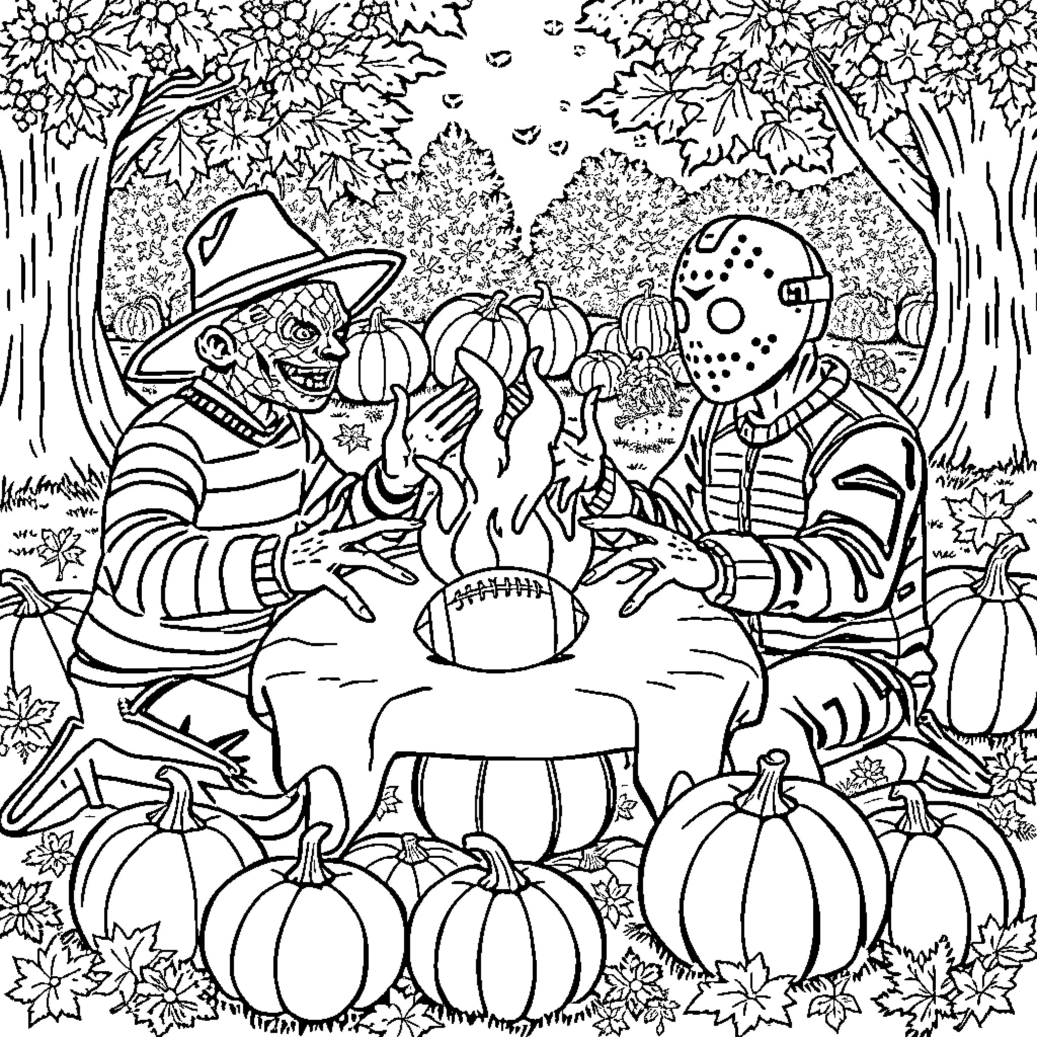 Horror Characters Roasting Marshmallows in a Spooky Forest Coloring Page (free black-and-white line drawing printable PDF for all, from beginners to advanced learners, including children, teens, adults, and seniors)