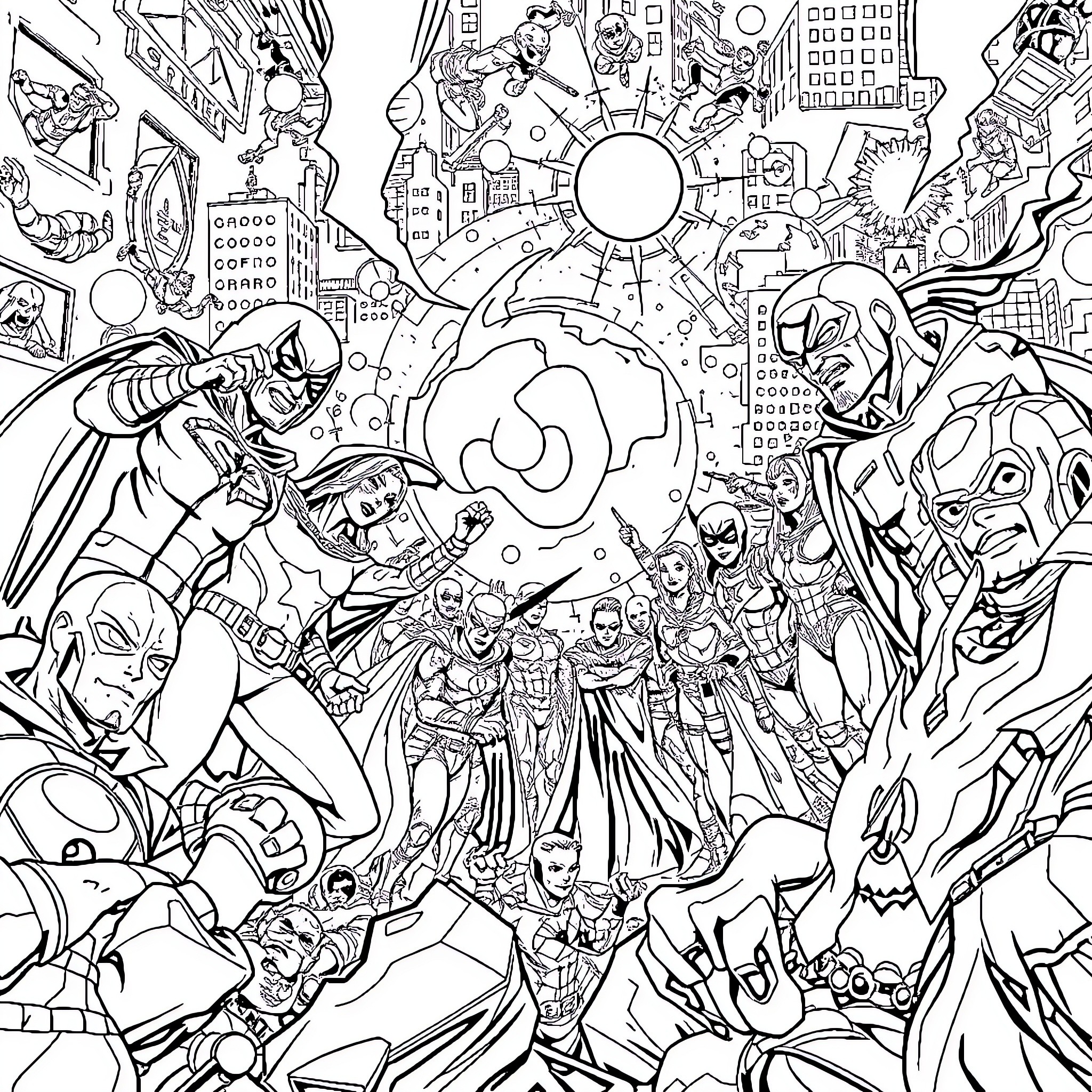Marvel Superheroes in Epic Battle Across Cityscape Coloring Page (free black-and-white line drawing printable PDF for all, from beginners to advanced learners, including children, teens, adults, and seniors)