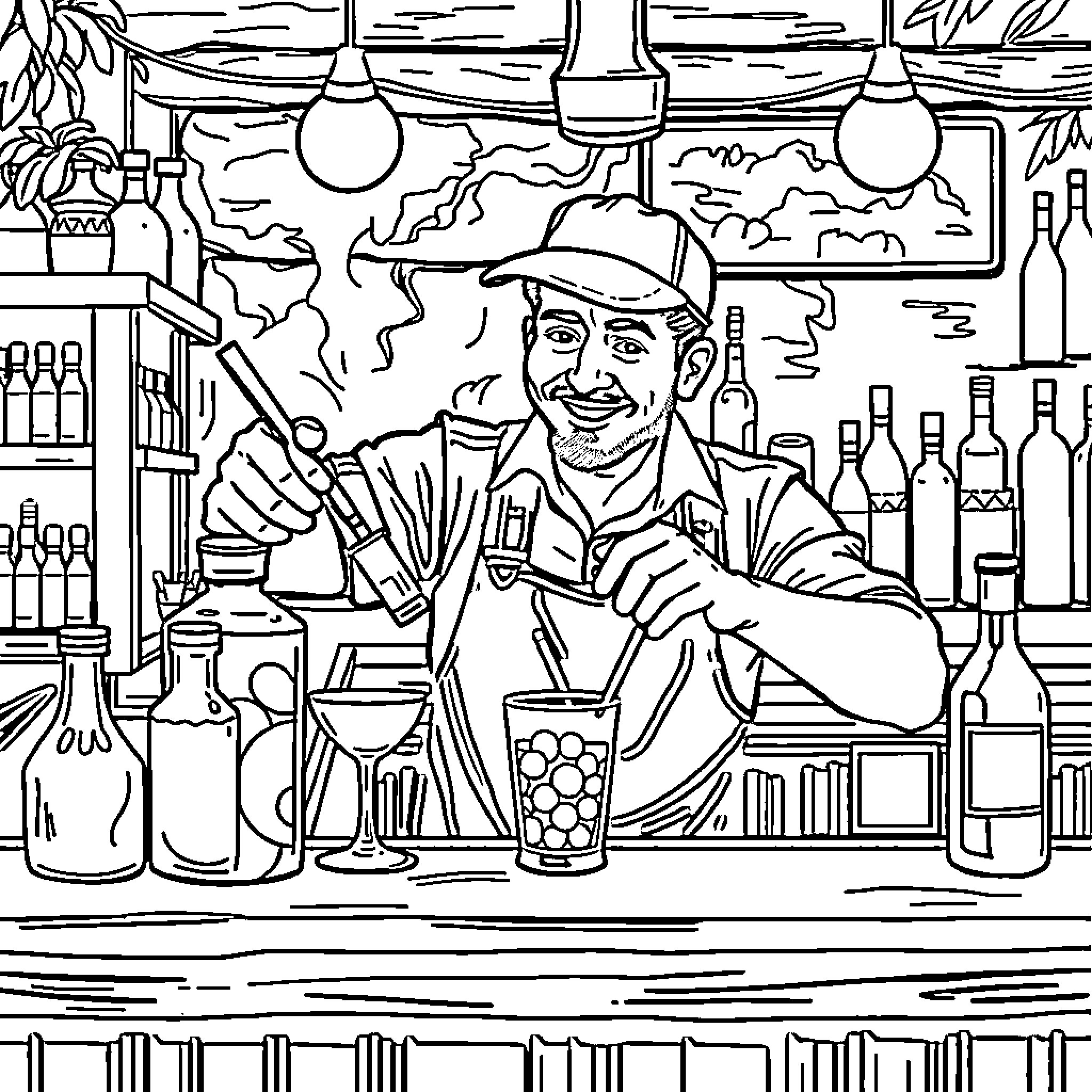 Barman mixing drinks in a lively bar scene Coloring Page (free black-and-white line drawing printable PDF for all, from beginners to advanced learners, including children, teens, adults, and seniors)