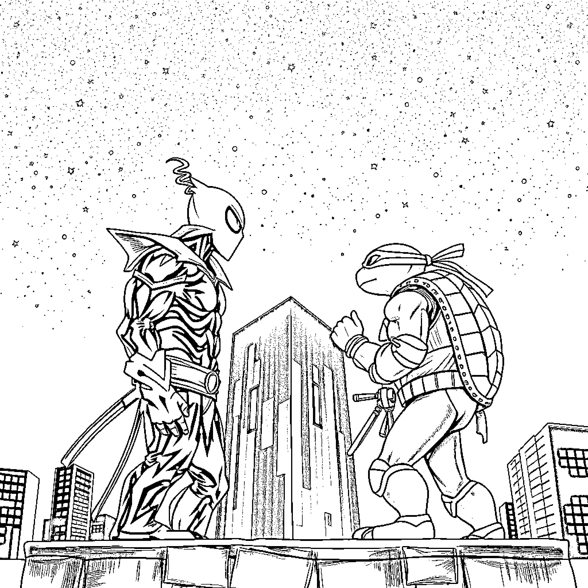 Spawn encounters a warrior in the city Coloring Page (free black-and-white line drawing printable PDF for all, from beginners to advanced learners, including children, teens, adults, and seniors)