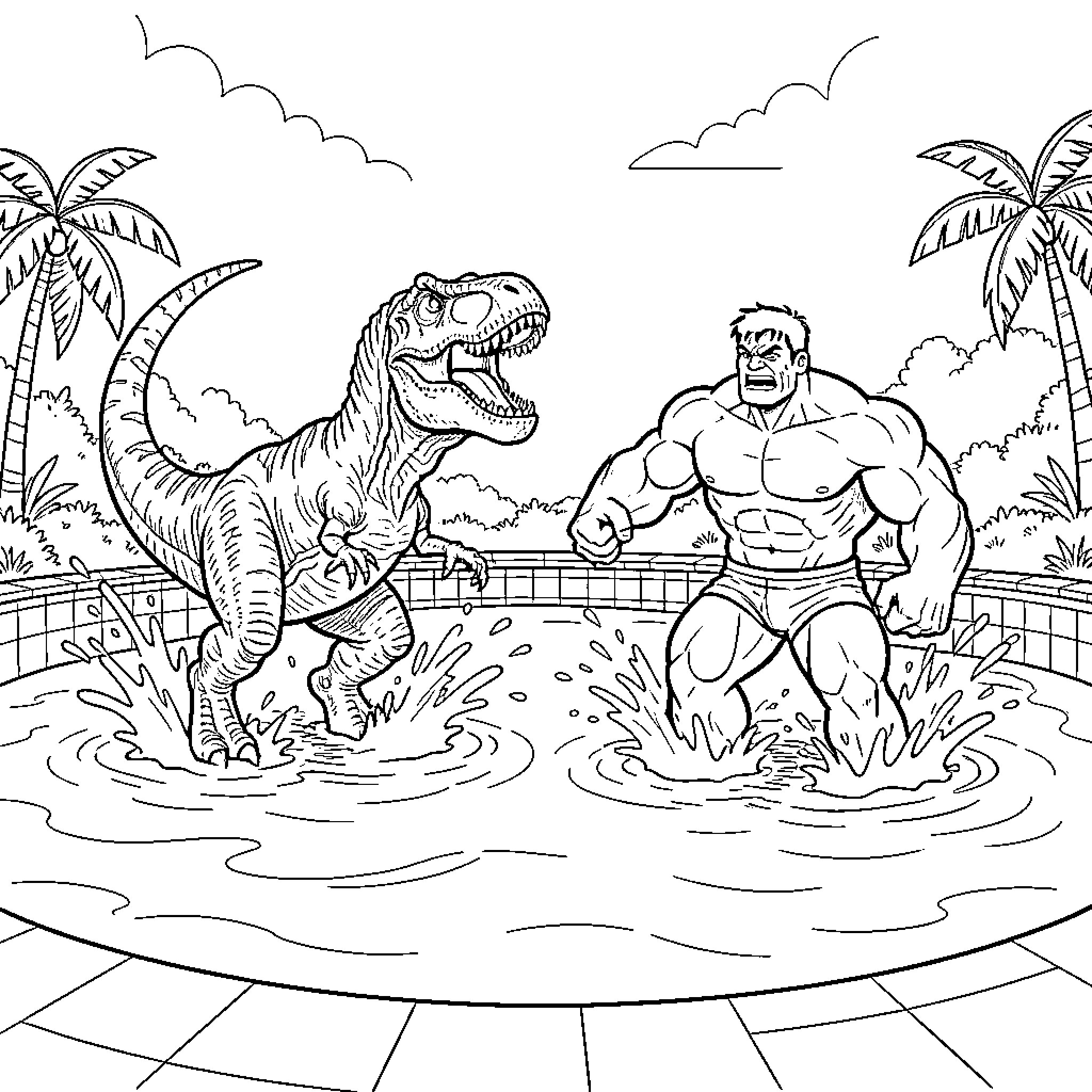 T-Rex battling a muscular man in a pool Coloring Page (free black-and-white line drawing printable PDF for all, from beginners to advanced learners, including children, teens, adults, and seniors)