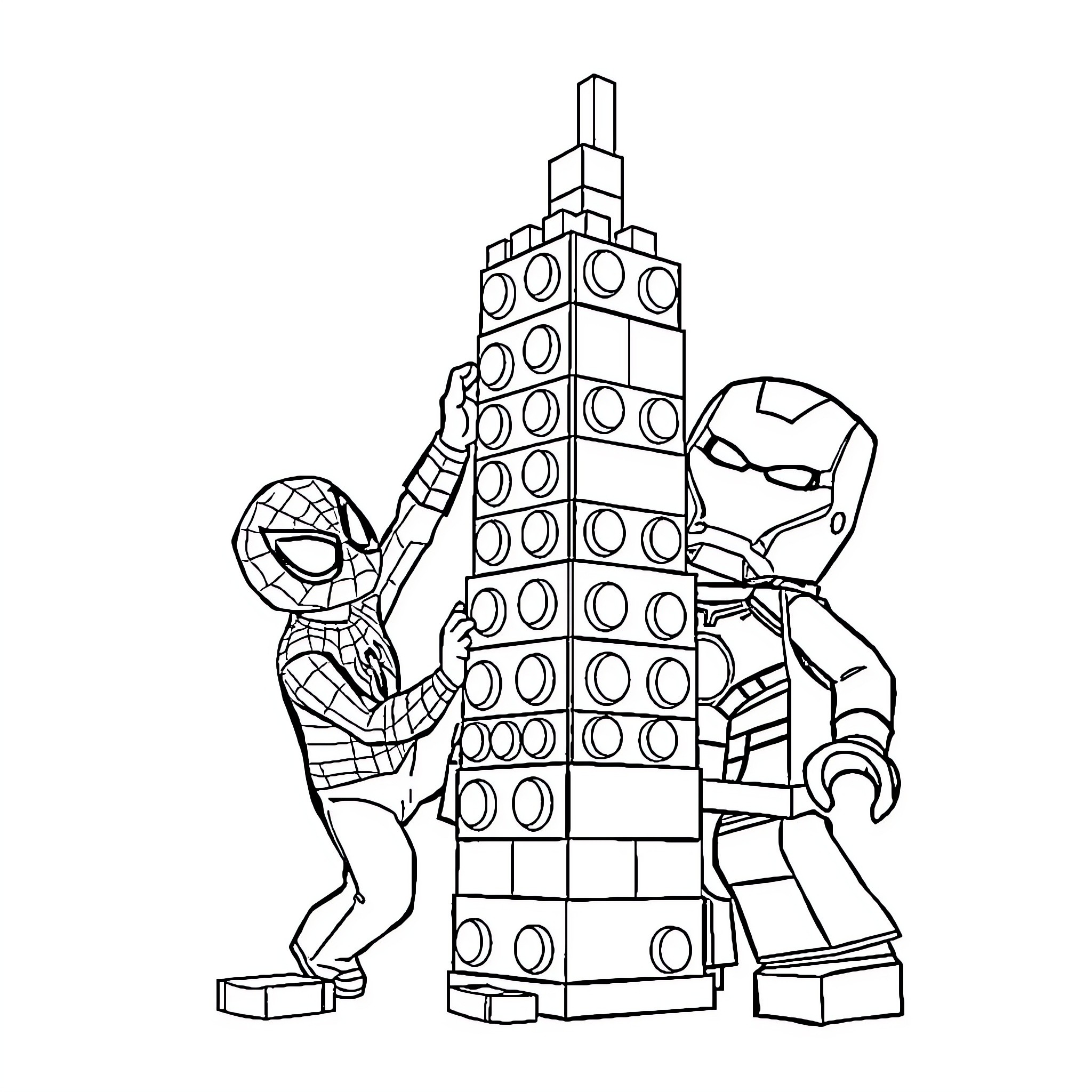 Marvel Characters Building Tall Tower Structure Coloring Page (free black-and-white line drawing printable PDF for all, from beginners to advanced learners, including children, teens, adults, and seniors)