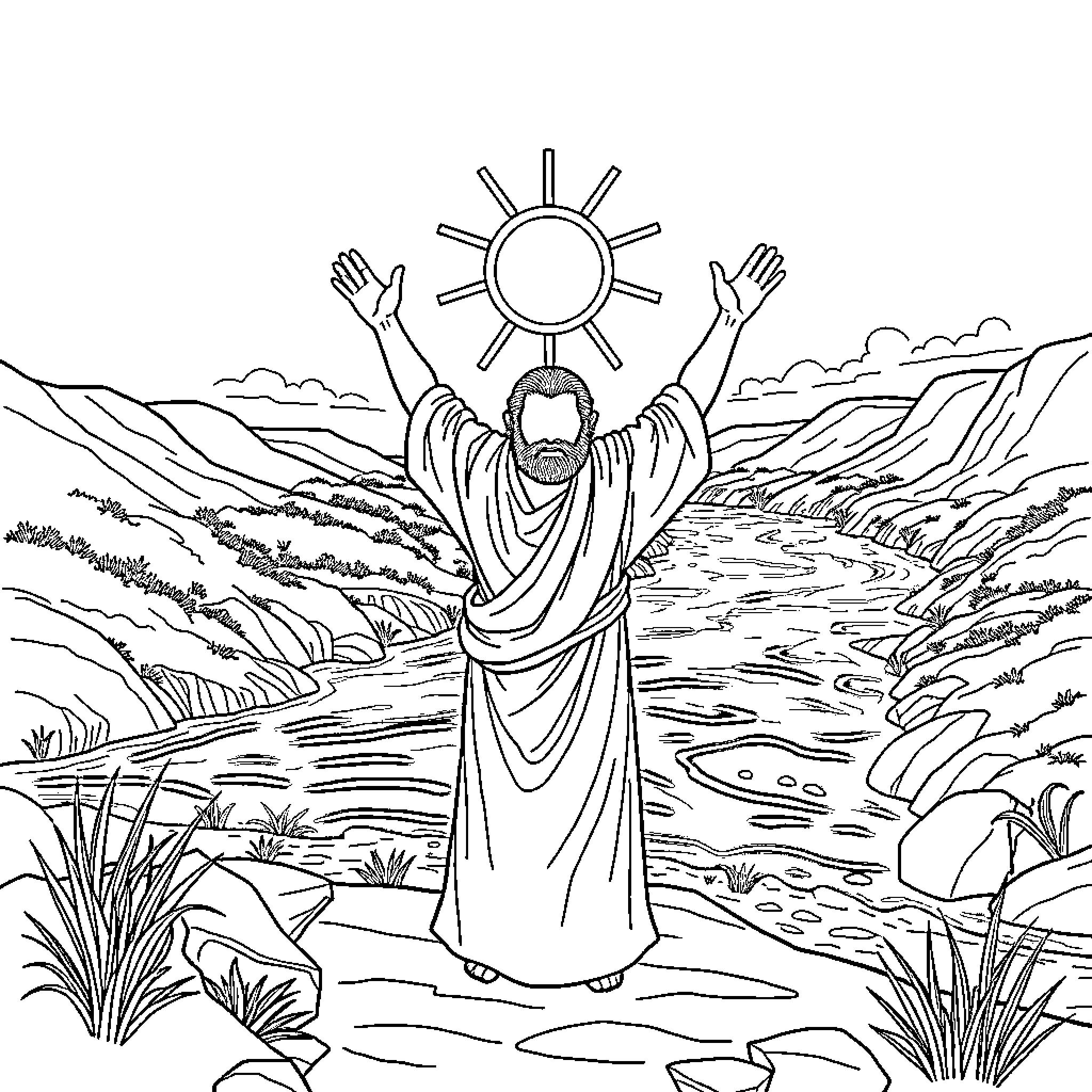 Moses Raises His Hands in the Wilderness Coloring Page (free black-and-white line drawing printable PDF for all, from beginners to advanced learners, including children, teens, adults, and seniors)