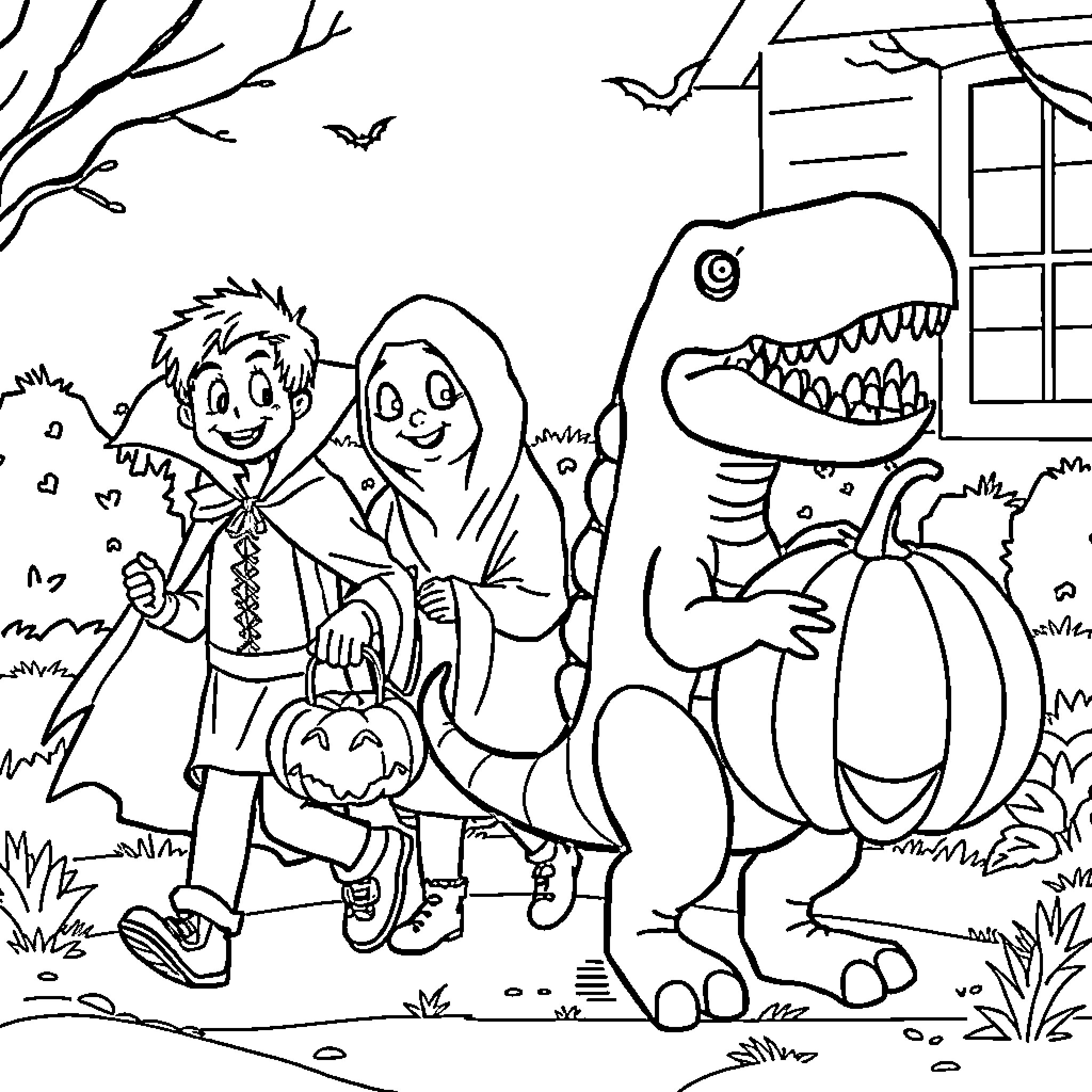 Trick or Treaters Exploring Halloween Decorations Coloring Page (free black-and-white line drawing printable PDF for all, from beginners to advanced learners, including children, teens, adults, and seniors)