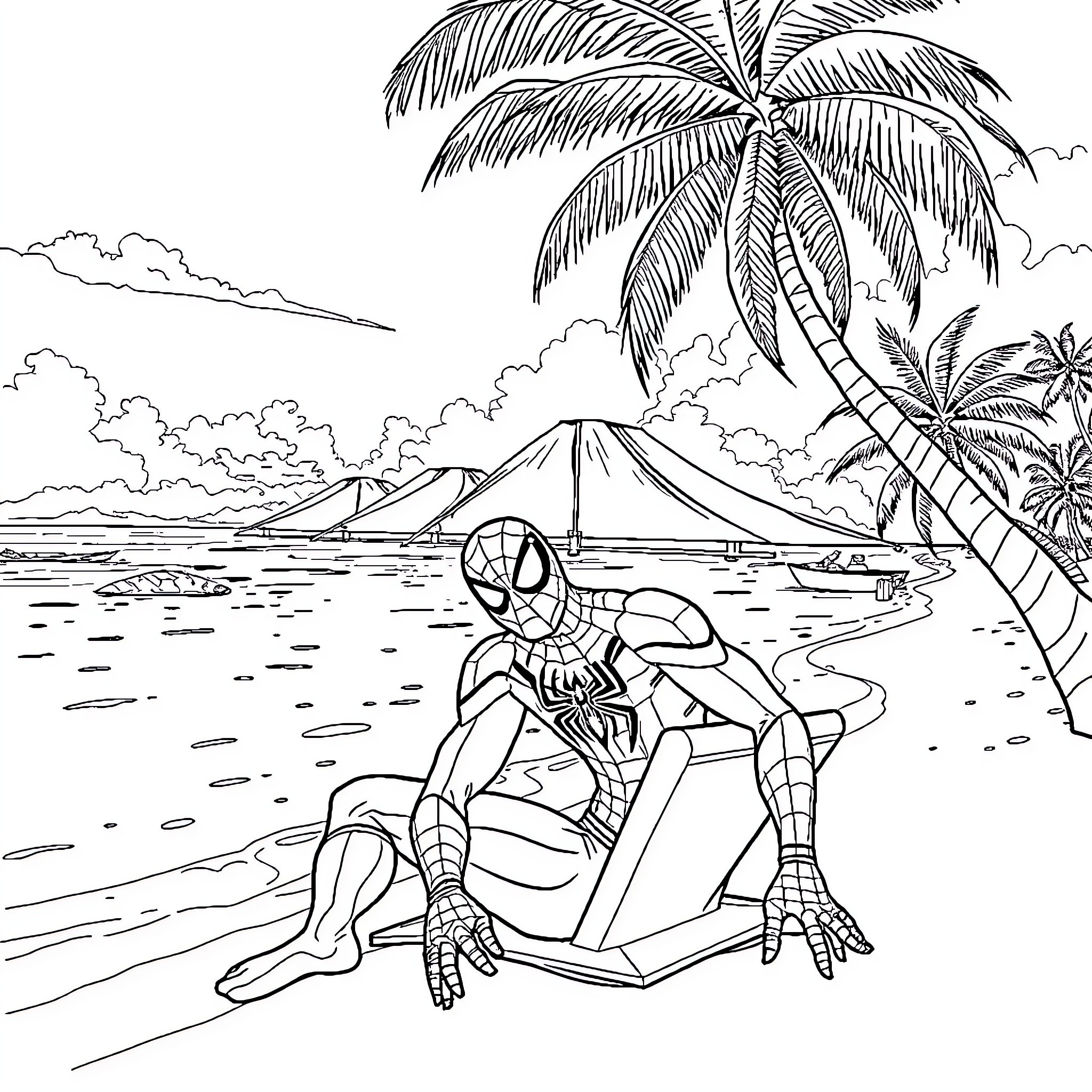 Spiderman relaxing on a tropical beach Coloring Page (free black-and-white line drawing printable PDF for all, from beginners to advanced learners, including children, teens, adults, and seniors)