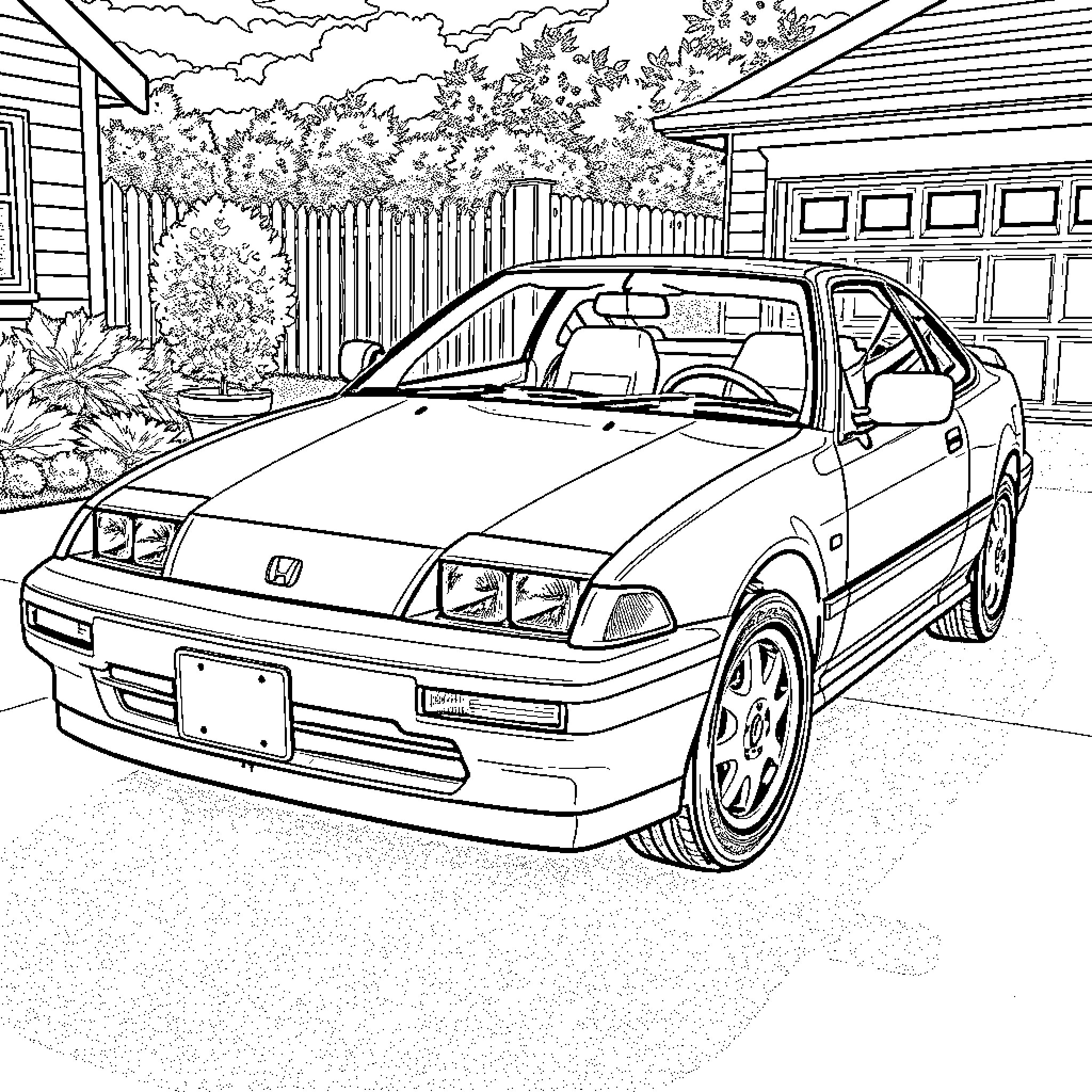 Honda CRX in a suburban neighborhood Coloring Page (free black-and-white line drawing printable PDF for all, from beginners to advanced learners, including children, teens, adults, and seniors)