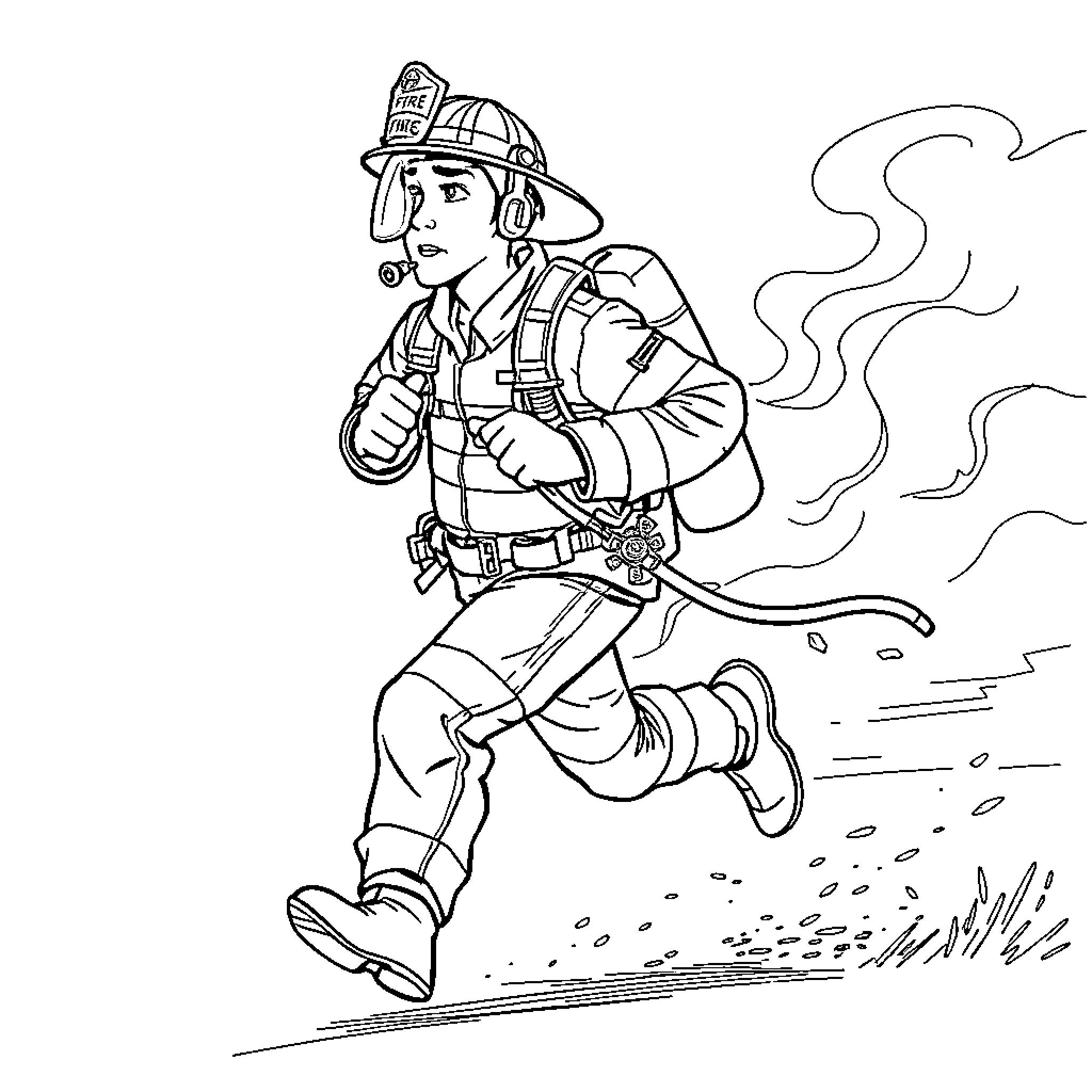 Firefighter Running to Extinguish Fire Coloring Page (free black-and-white line drawing printable PDF for all, from beginners to advanced learners, including children, teens, adults, and seniors)