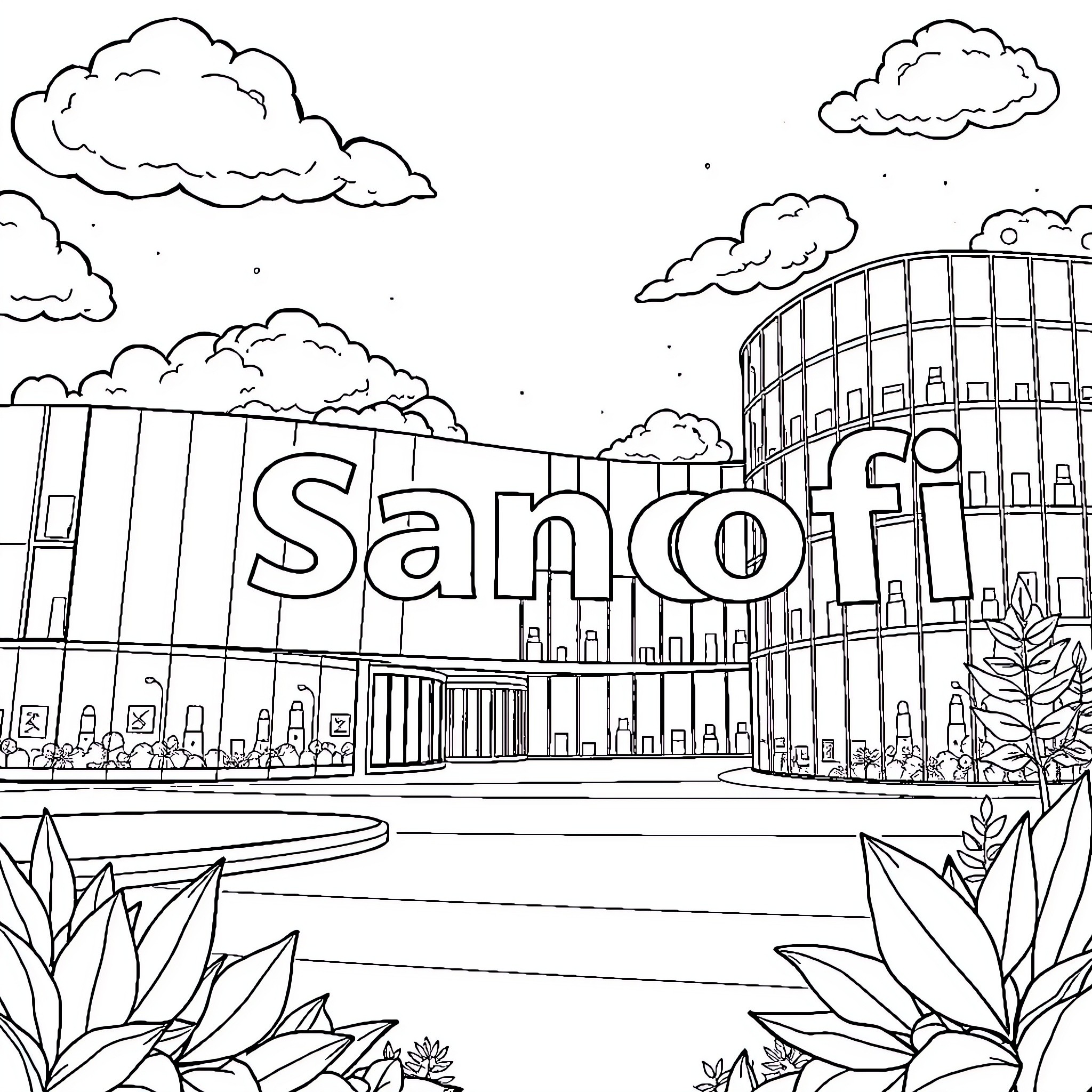Sanofi's Iconic Building Surrounded by Clouds and Greenery Coloring Page (free black-and-white line drawing printable PDF for all, from beginners to advanced learners, including children, teens, adults, and seniors)