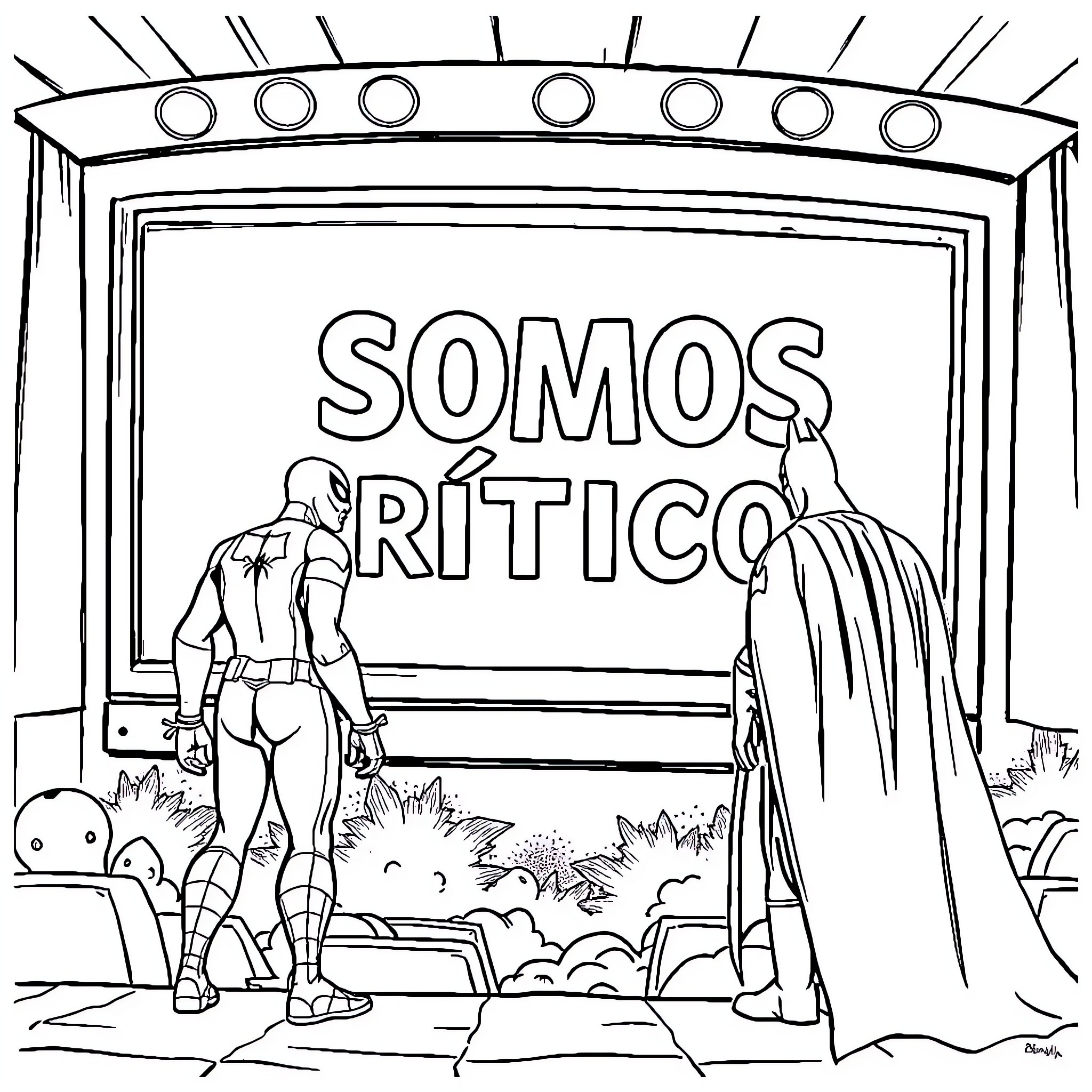 Spiderman and Villain Confront at Stage Coloring Page (free black-and-white line drawing printable PDF for all, from beginners to advanced learners, including children, teens, adults, and seniors)