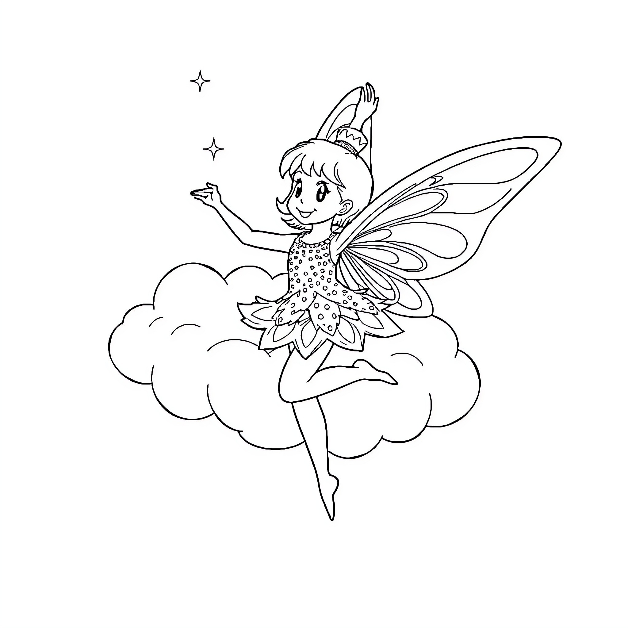 Tooth Fairy dancing among the clouds Coloring Page (free black-and-white line drawing printable PDF for all, from beginners to advanced learners, including children, teens, adults, and seniors)