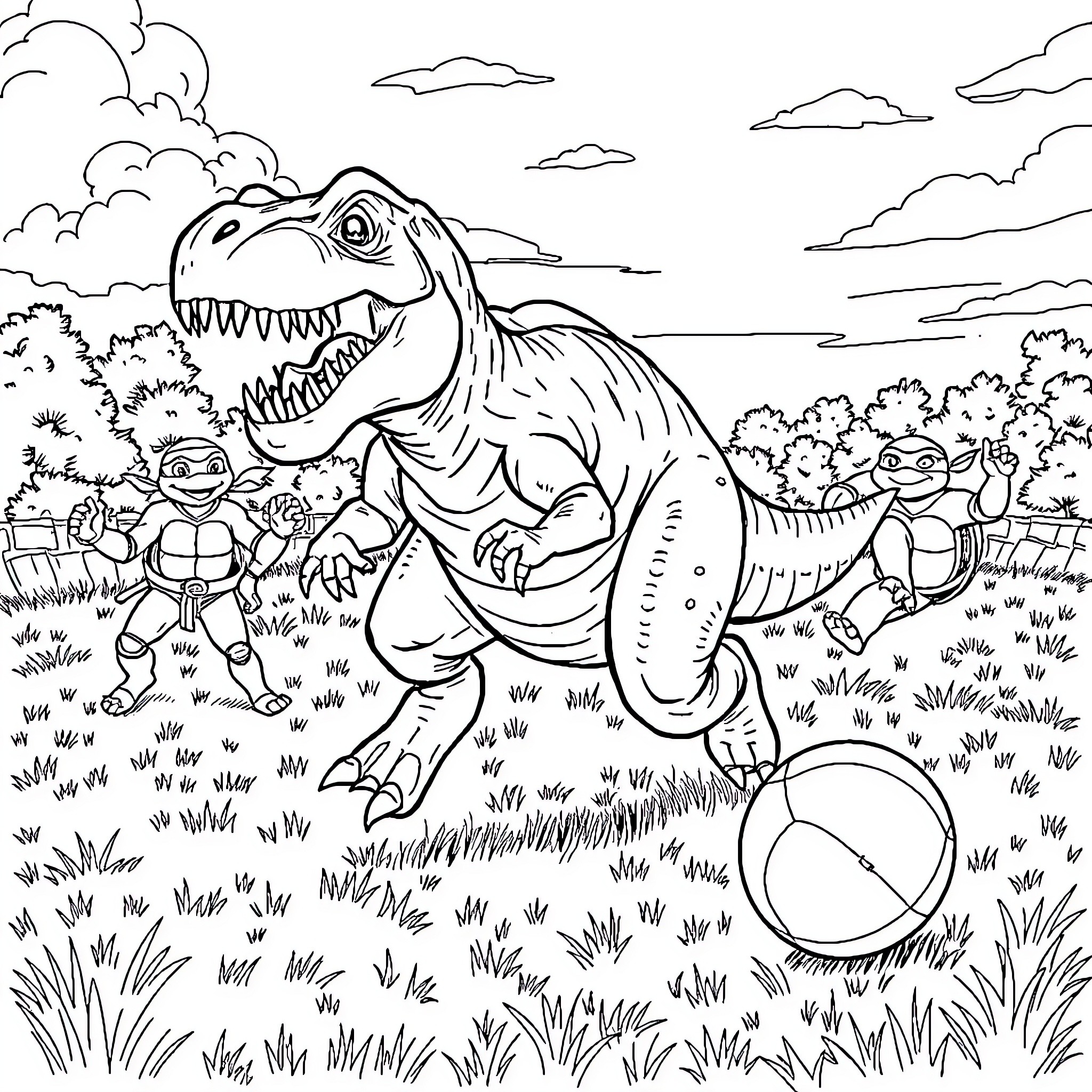 T-Rex chasing cartoon characters in the wilderness Coloring Page (free black-and-white line drawing printable PDF for all, from beginners to advanced learners, including children, teens, adults, and seniors)