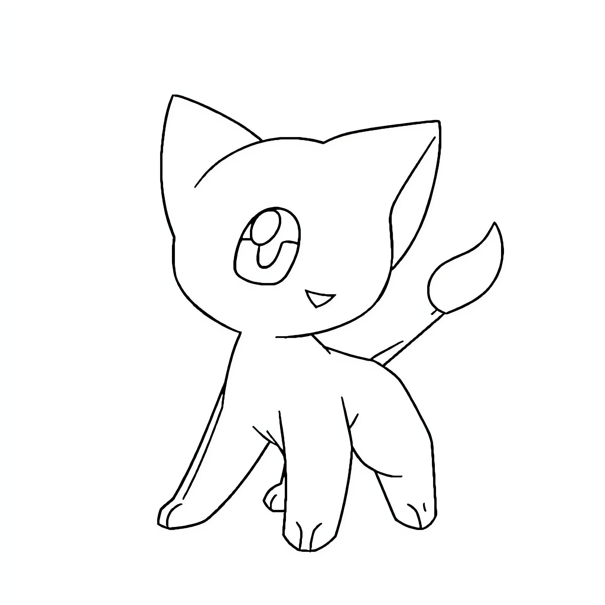 Mew the Playful Feline Creature Coloring Page (free black-and-white line drawing printable PDF for all, from beginners to advanced learners, including children, teens, adults, and seniors)