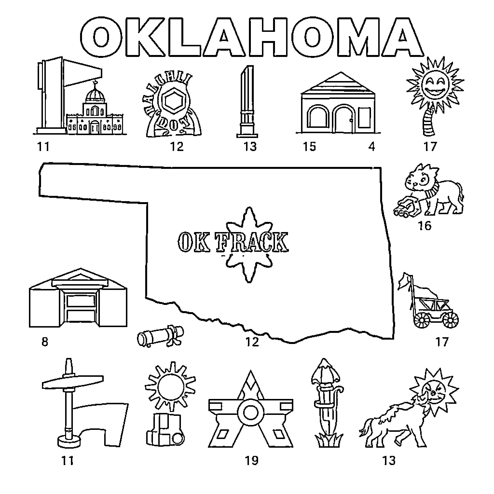 Oklahoma's Iconic Landmarks and Symbols Coloring Page (free black-and-white line drawing printable PDF for all, from beginners to advanced learners, including children, teens, adults, and seniors)