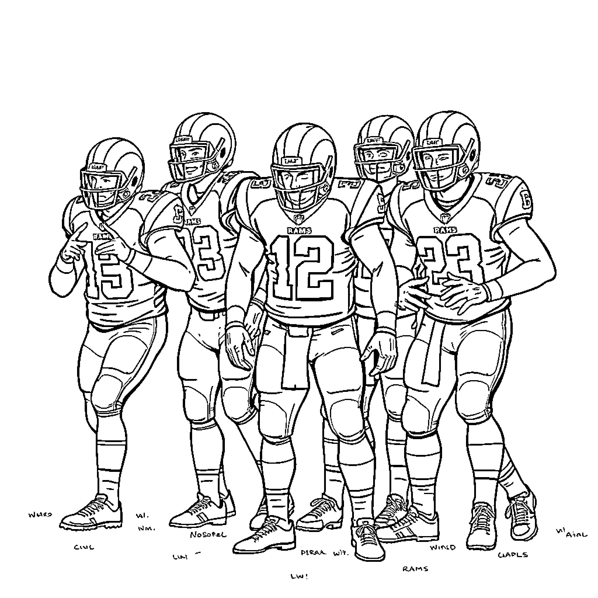 LA Rams players in game uniforms and poses Coloring Page (free black-and-white line drawing printable PDF for all, from beginners to advanced learners, including children, teens, adults, and seniors)