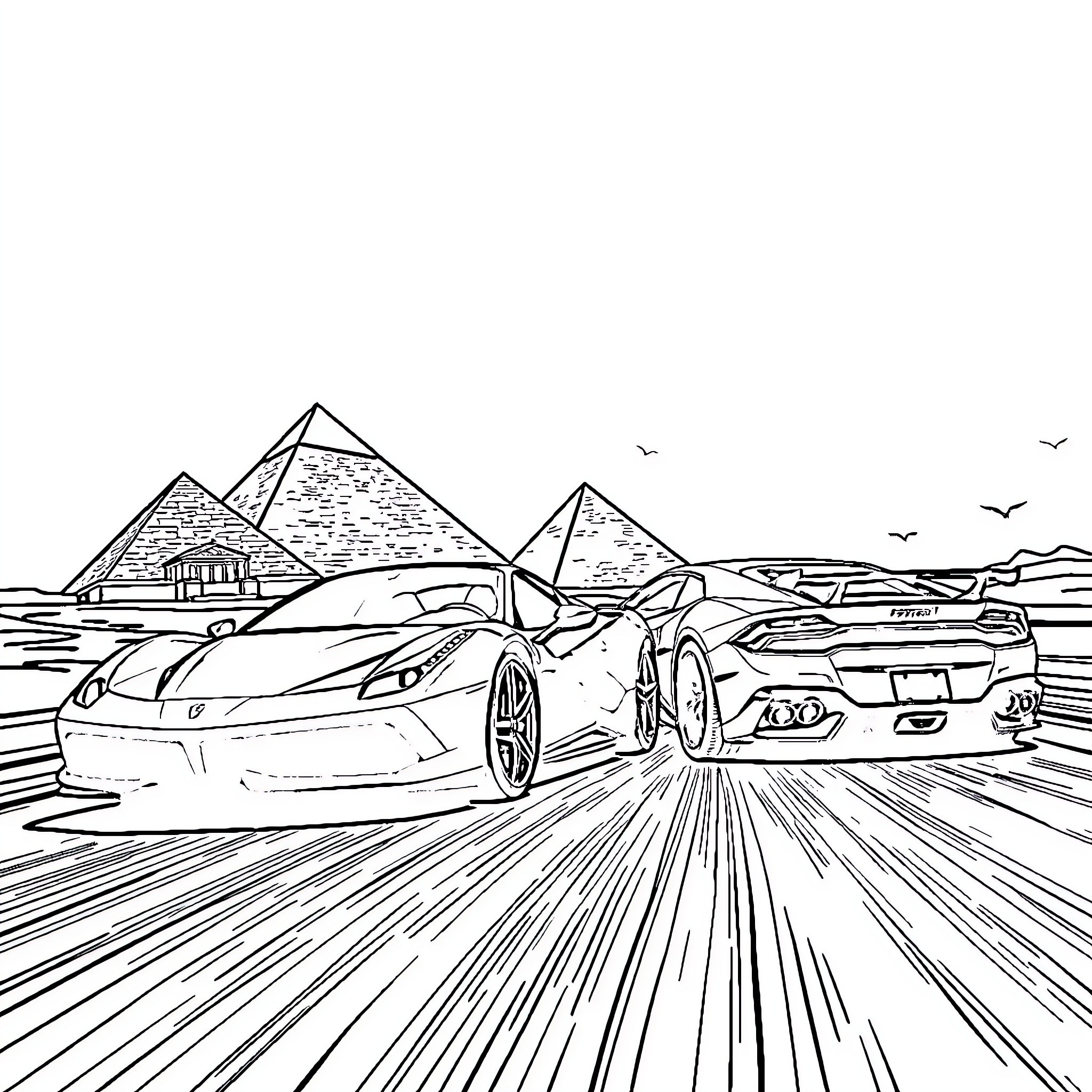 Ferrari Supercars Racing in Desert Landscape Coloring Page (free black-and-white line drawing printable PDF for all, from beginners to advanced learners, including children, teens, adults, and seniors)