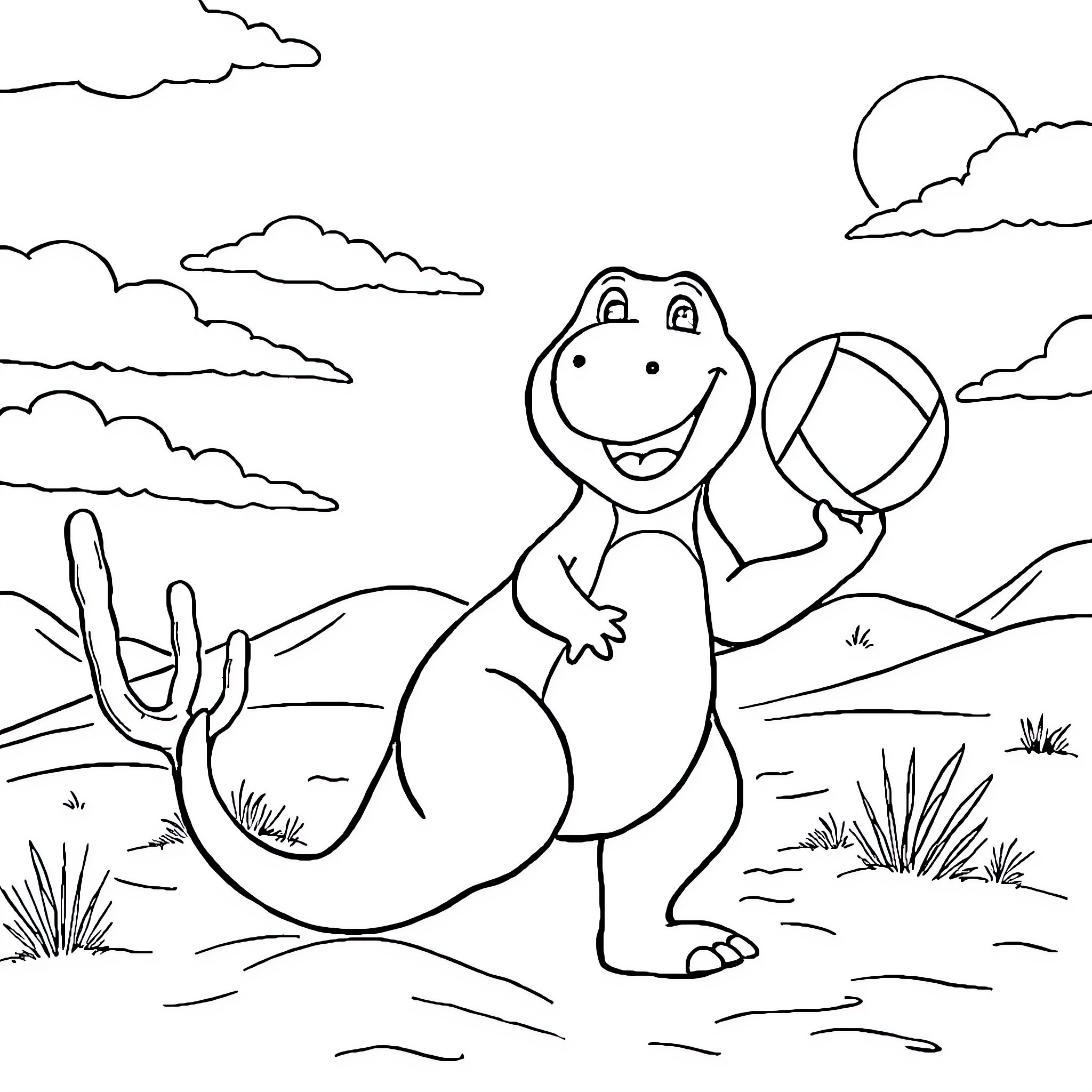 Barney playing happily with a ball in the desert Coloring Page (free black-and-white line drawing printable PDF for all, from beginners to advanced learners, including children, teens, adults, and seniors)