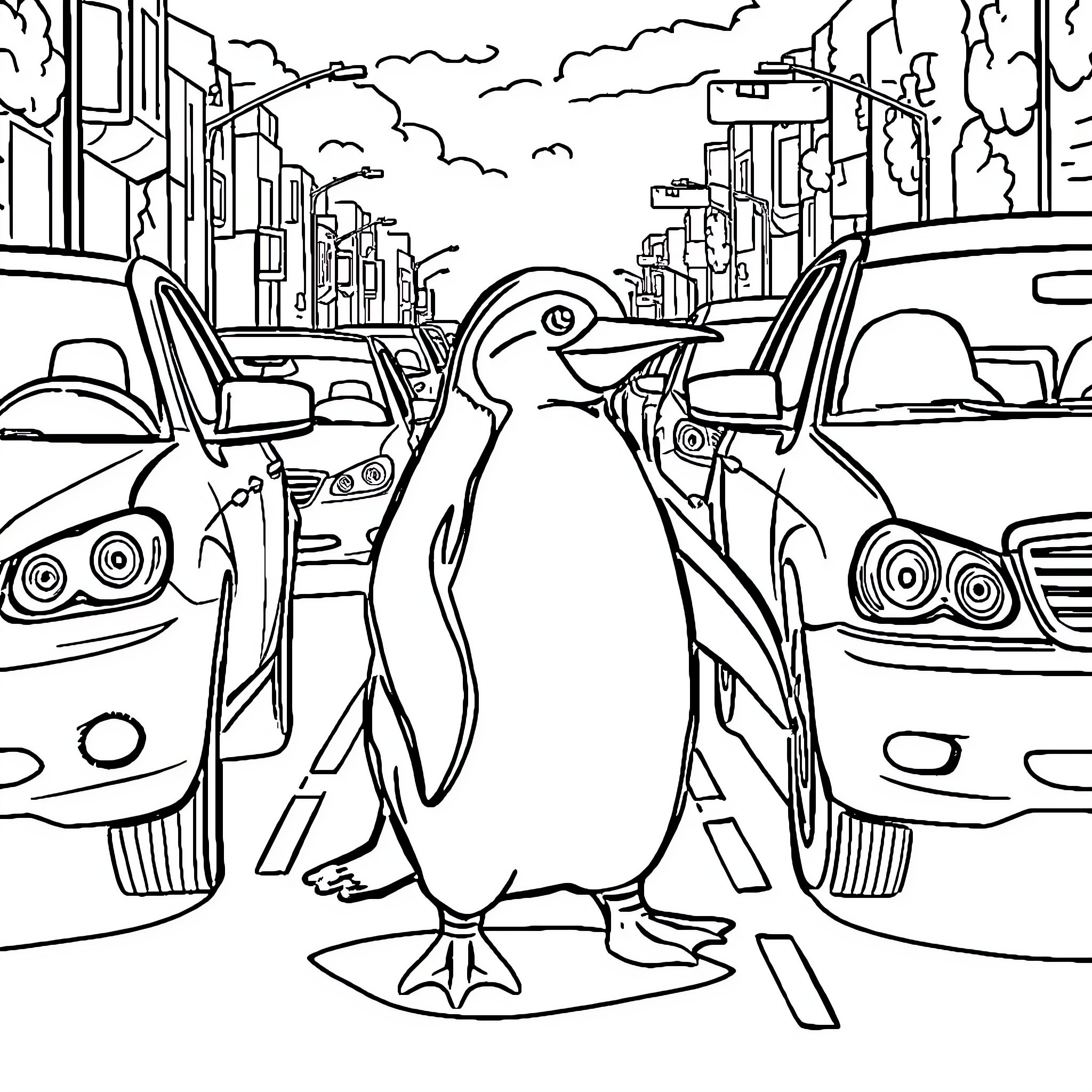 Penguin Crossing the City Streets Coloring Page (free black-and-white line drawing printable PDF for all, from beginners to advanced learners, including children, teens, adults, and seniors)