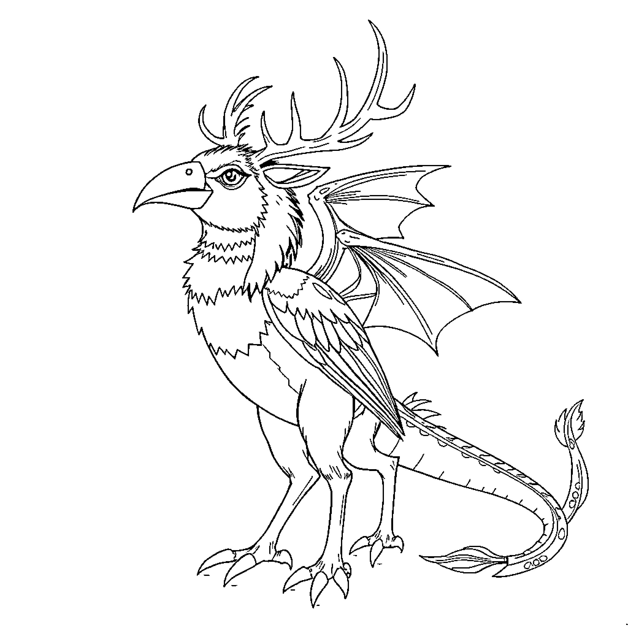 Mythical Creature with Antlers and Winged Features Coloring Page (free black-and-white line drawing printable PDF for all, from beginners to advanced learners, including children, teens, adults, and seniors)