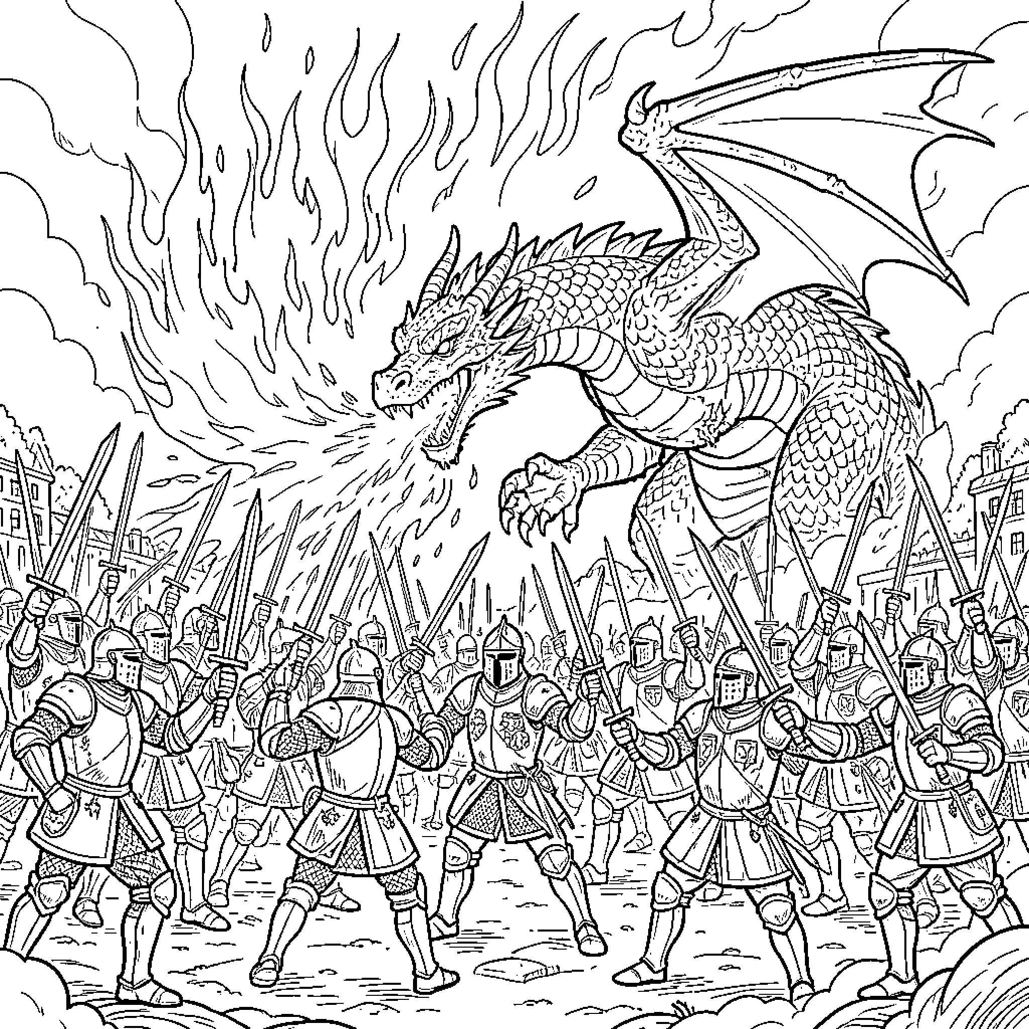 Knight army facing a dragon breathing intense flames Coloring Page (free black-and-white line drawing printable PDF for all, from beginners to advanced learners, including children, teens, adults, and seniors)
