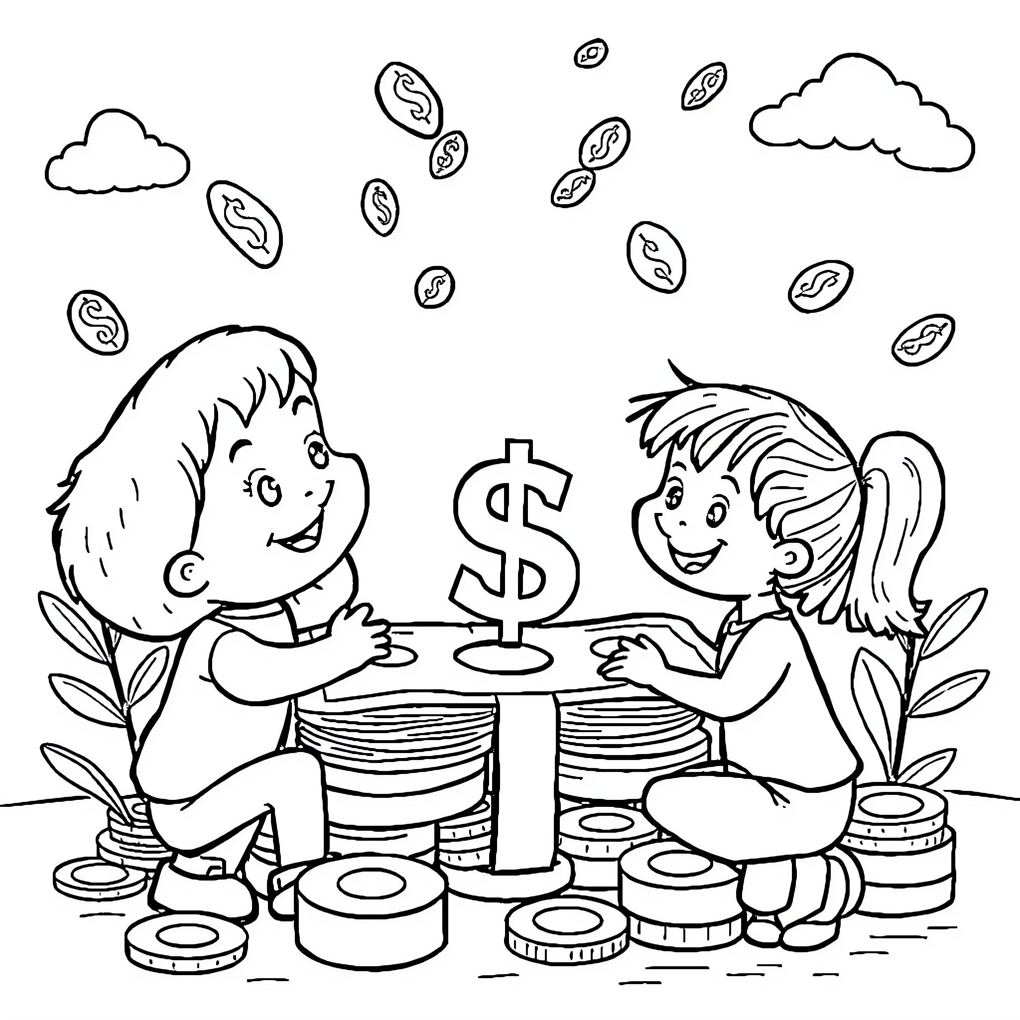 Financial Literacy Lesson for Children Coloring Page (free black-and-white line drawing printable PDF for all, from beginners to advanced learners, including children, teens, adults, and seniors)