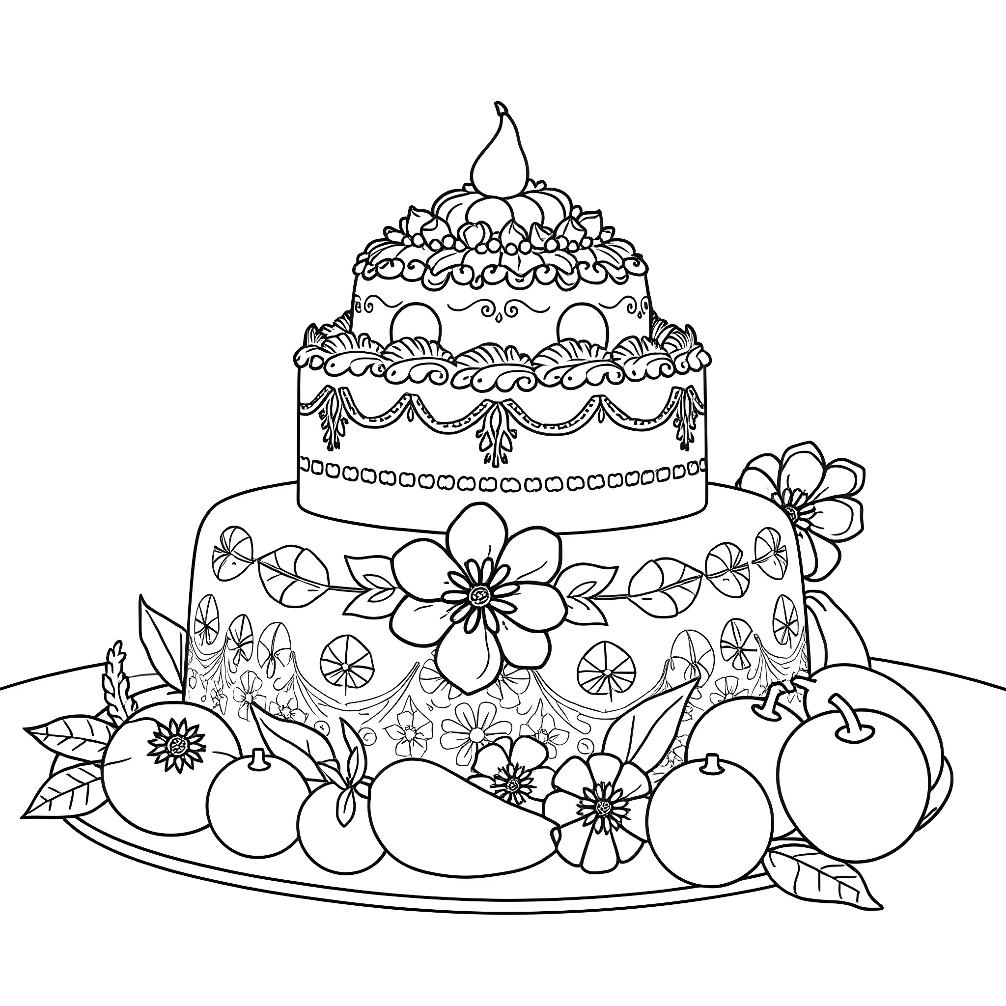 Torta with Floral Decorations and Fruit Coloring Page (free black-and-white line drawing printable PDF for all, from beginners to advanced learners, including children, teens, adults, and seniors)