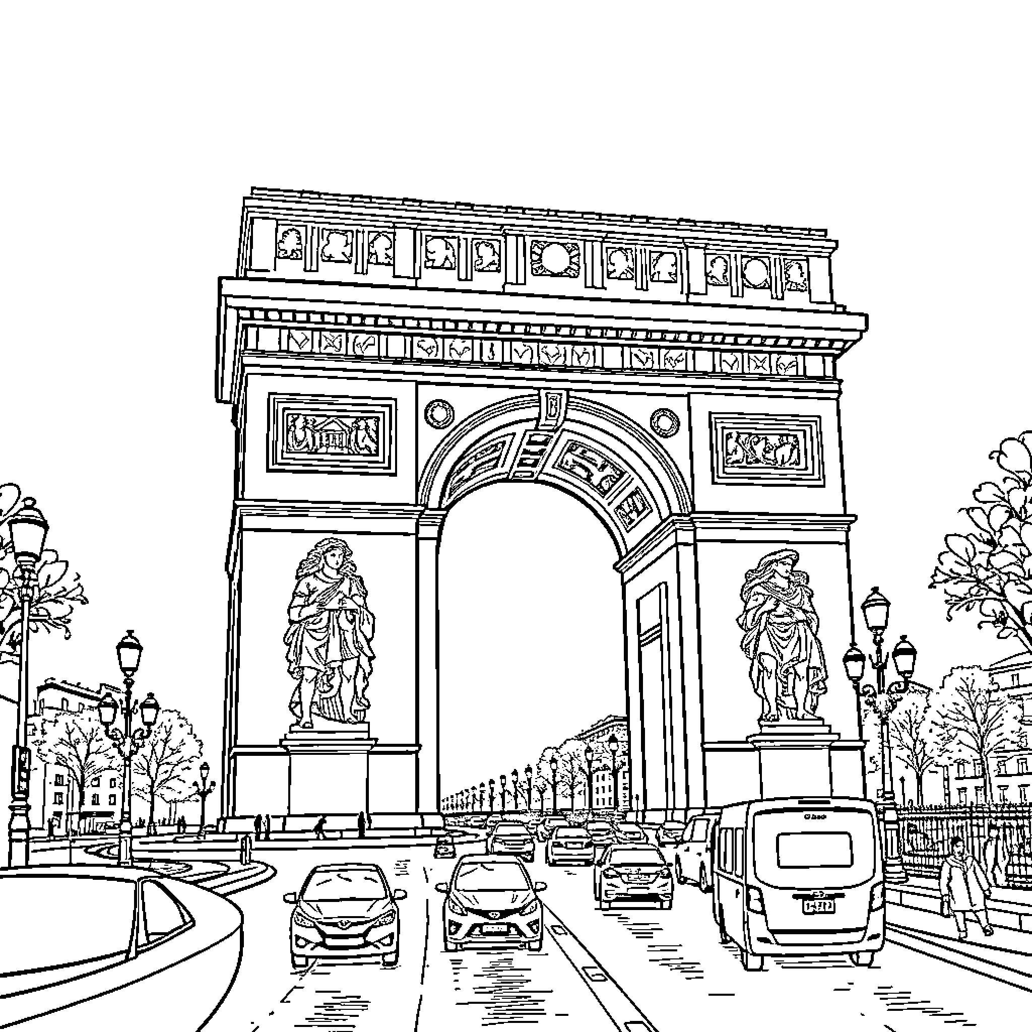 Arc de Triomphe with vehicles, pedestrians, and statues Coloring Page (free black-and-white line drawing printable PDF for all, from beginners to advanced learners, including children, teens, adults, and seniors)