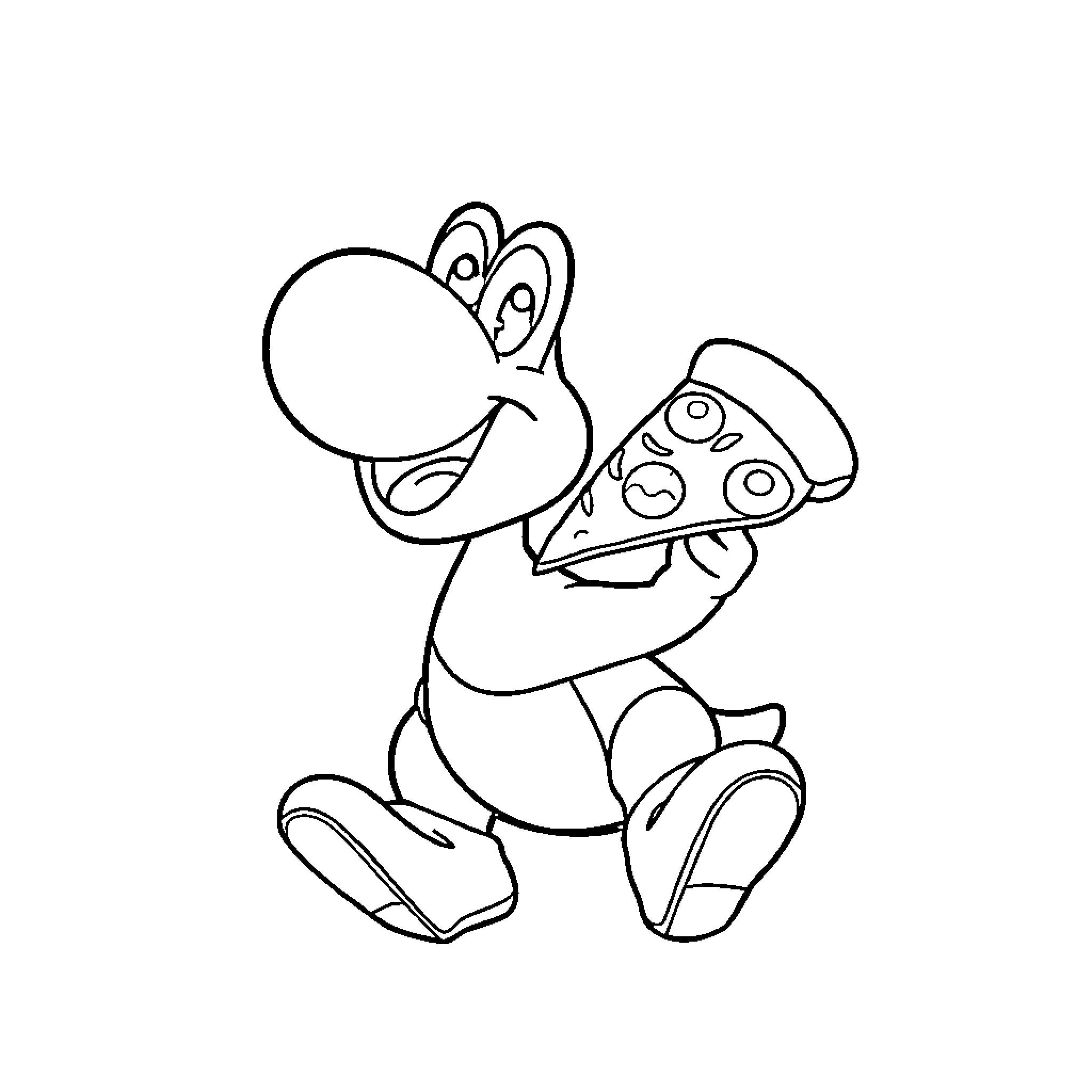 Yoshi enjoying a slice of pizza Coloring Page (free black-and-white line drawing printable PDF for all, from beginners to advanced learners, including children, teens, adults, and seniors)