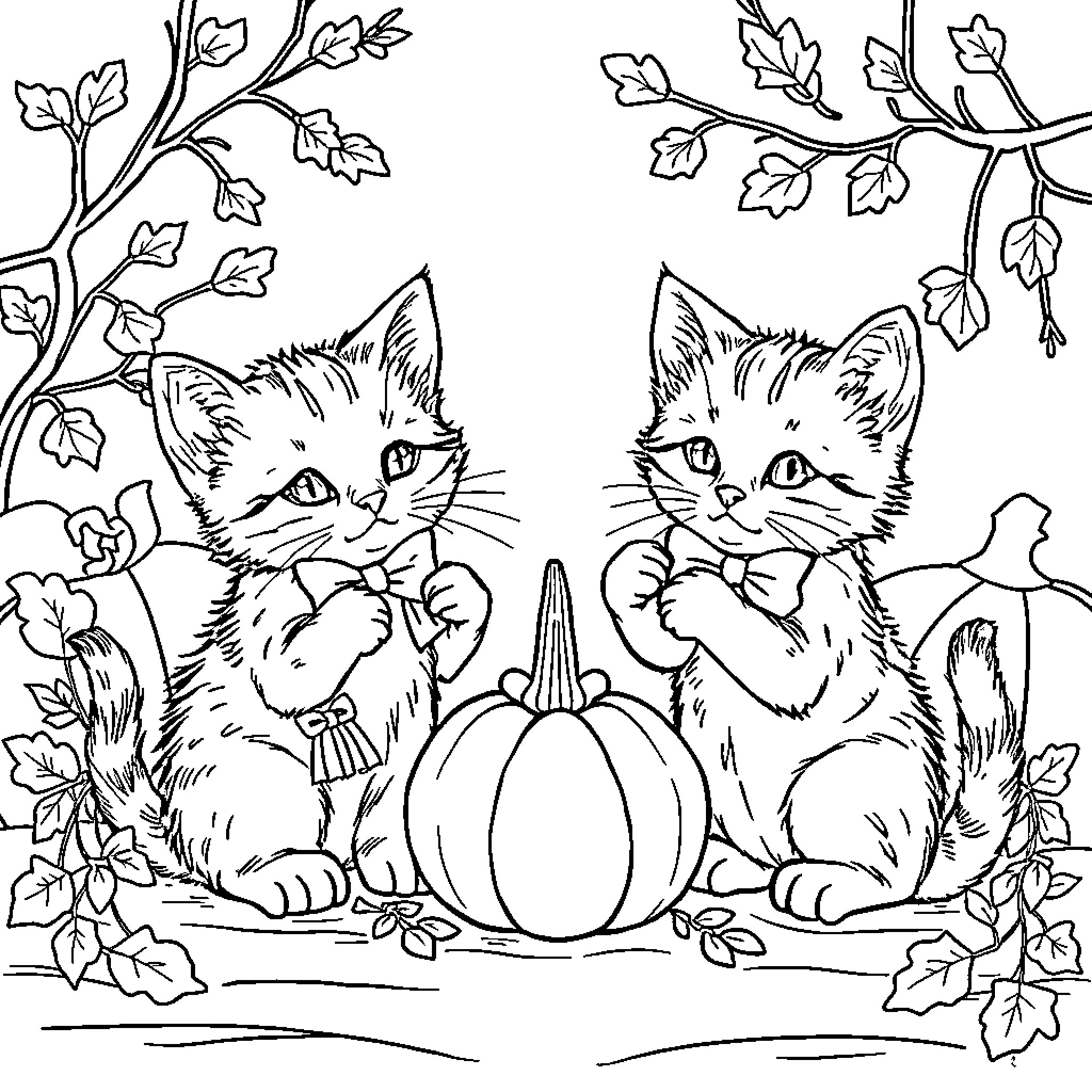 Kitty Kittens Enjoying Autumn Leaves and Pumpkin Coloring Page (free black-and-white line drawing printable PDF for all, from beginners to advanced learners, including children, teens, adults, and seniors)