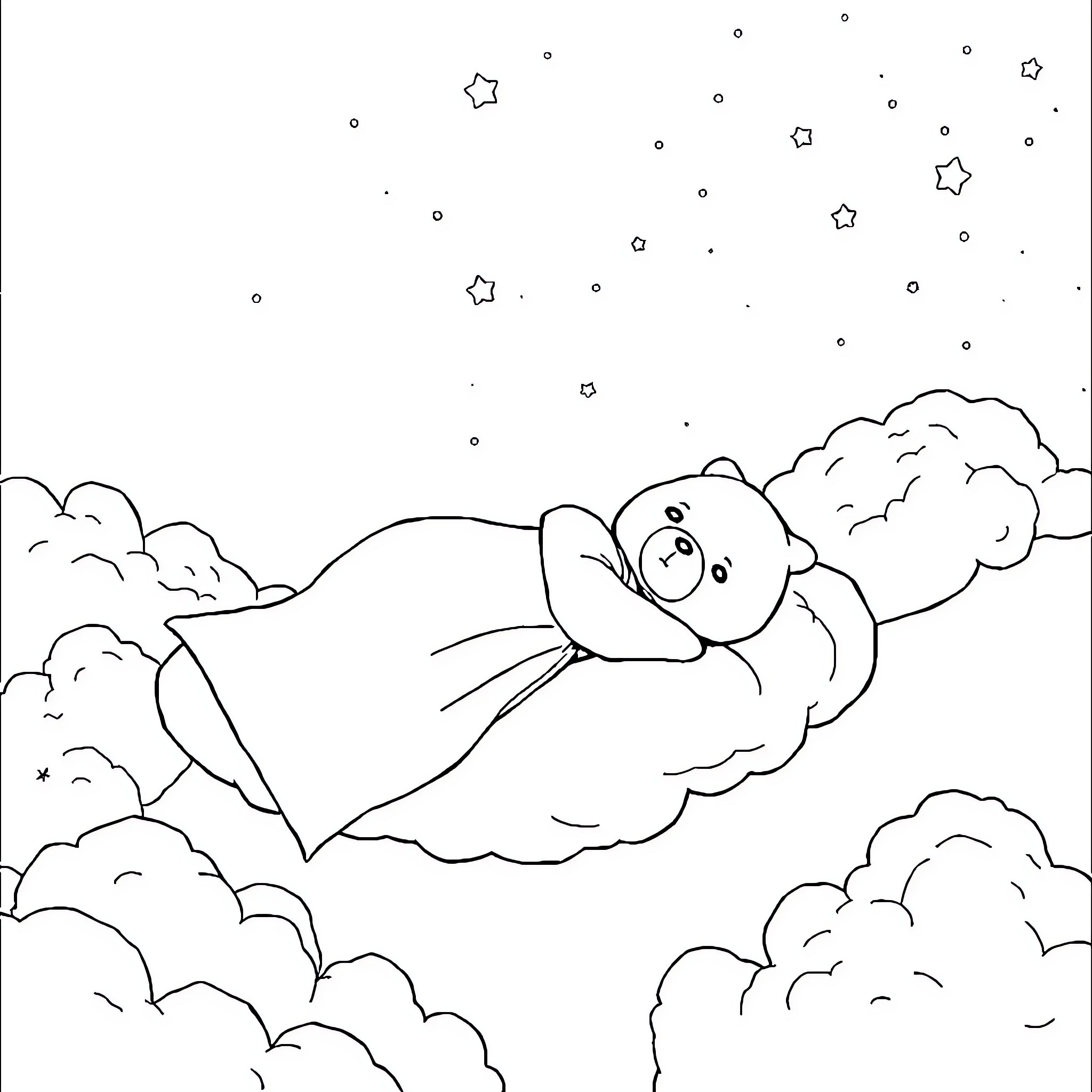 Teddy Bear relaxing among the clouds and stars Coloring Page (free black-and-white line drawing printable PDF for all, from beginners to advanced learners, including children, teens, adults, and seniors)